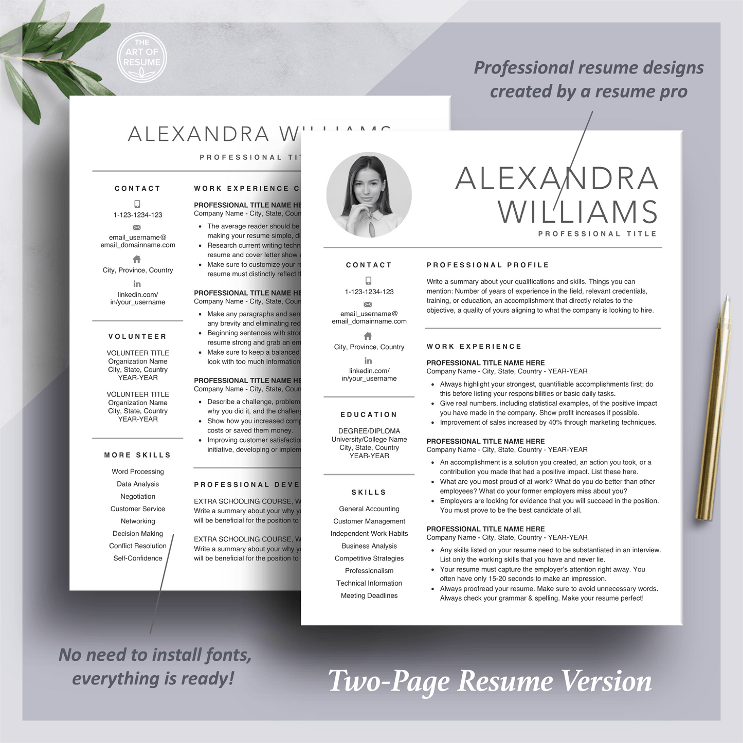 Professional Resume Template Design with Headshot Photo Insert - The Art of Resume