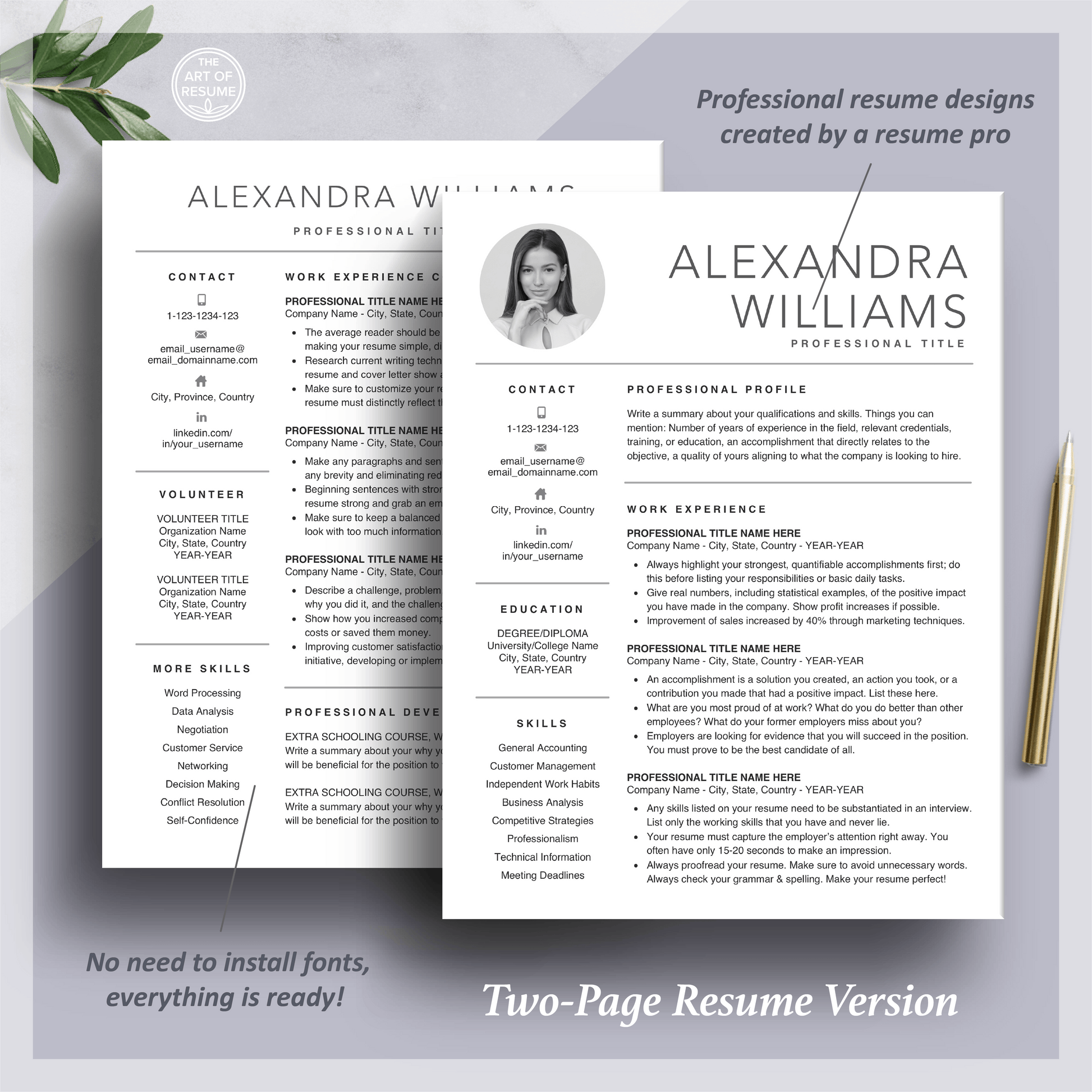 Professional Resume Template Design with Headshot Photo Insert - The Art of Resume