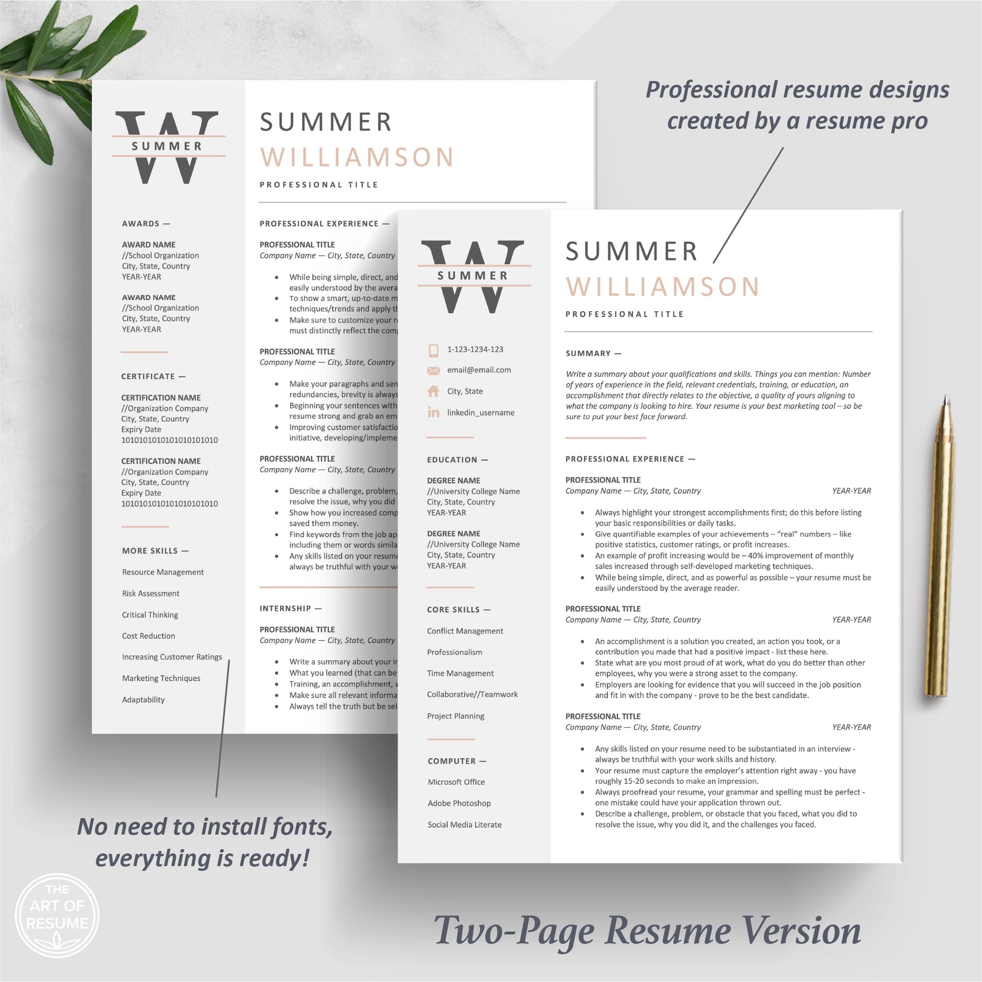 The Art of Resume Templates | Two Page Executive C Suite Level Resume CV Template | Curriculum Vitae