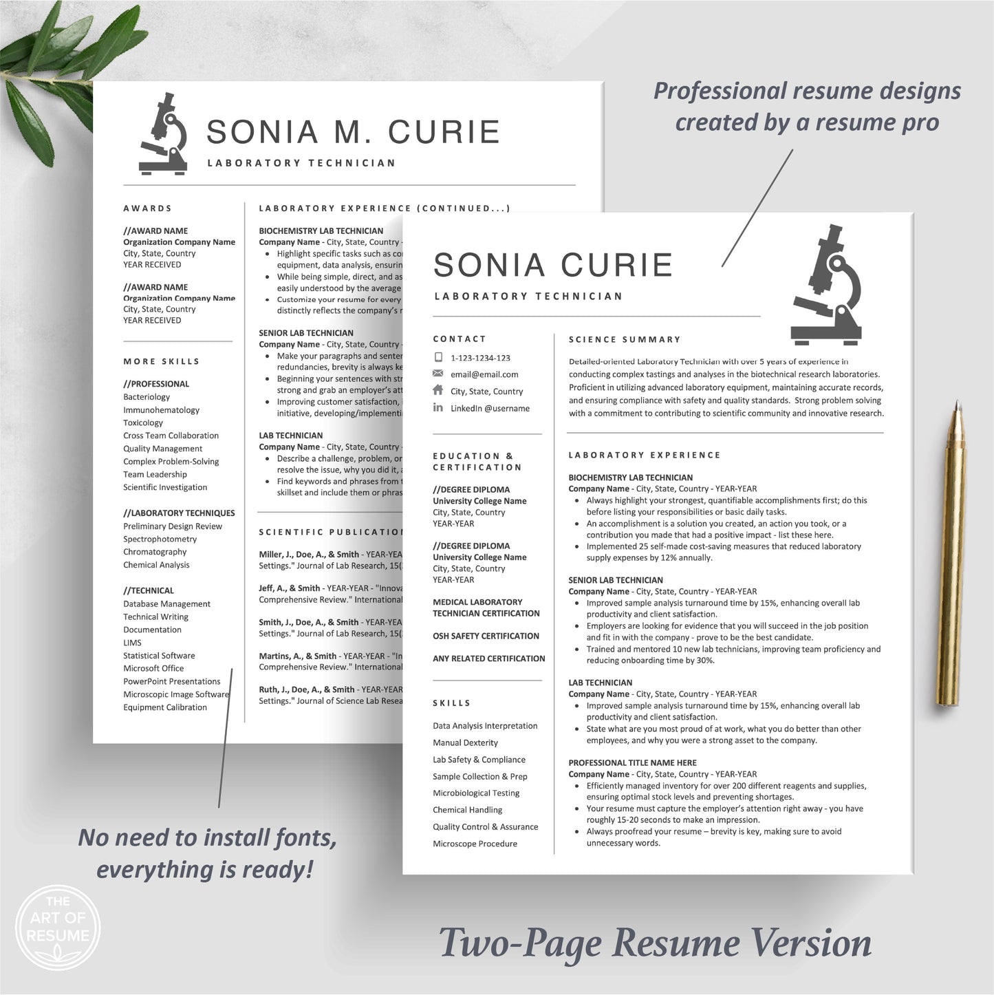 The Art of Resume Templates | Science Resume Template, Scientist Resume, Lab Technician Resume with Microscope Design | 2 Page Resume Format