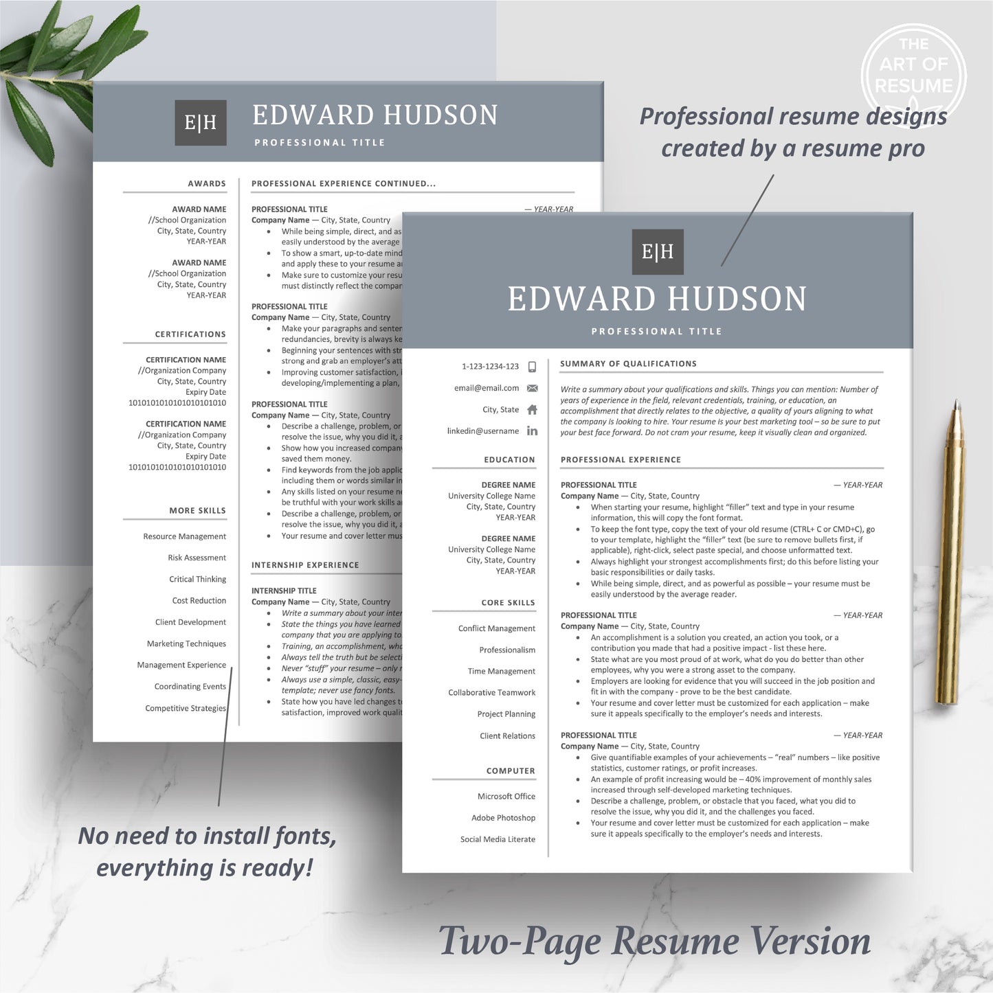The Art of Resume Templates | Two Page Professional Modern Blue Executive Resume CV Template | Curriculum Vitae