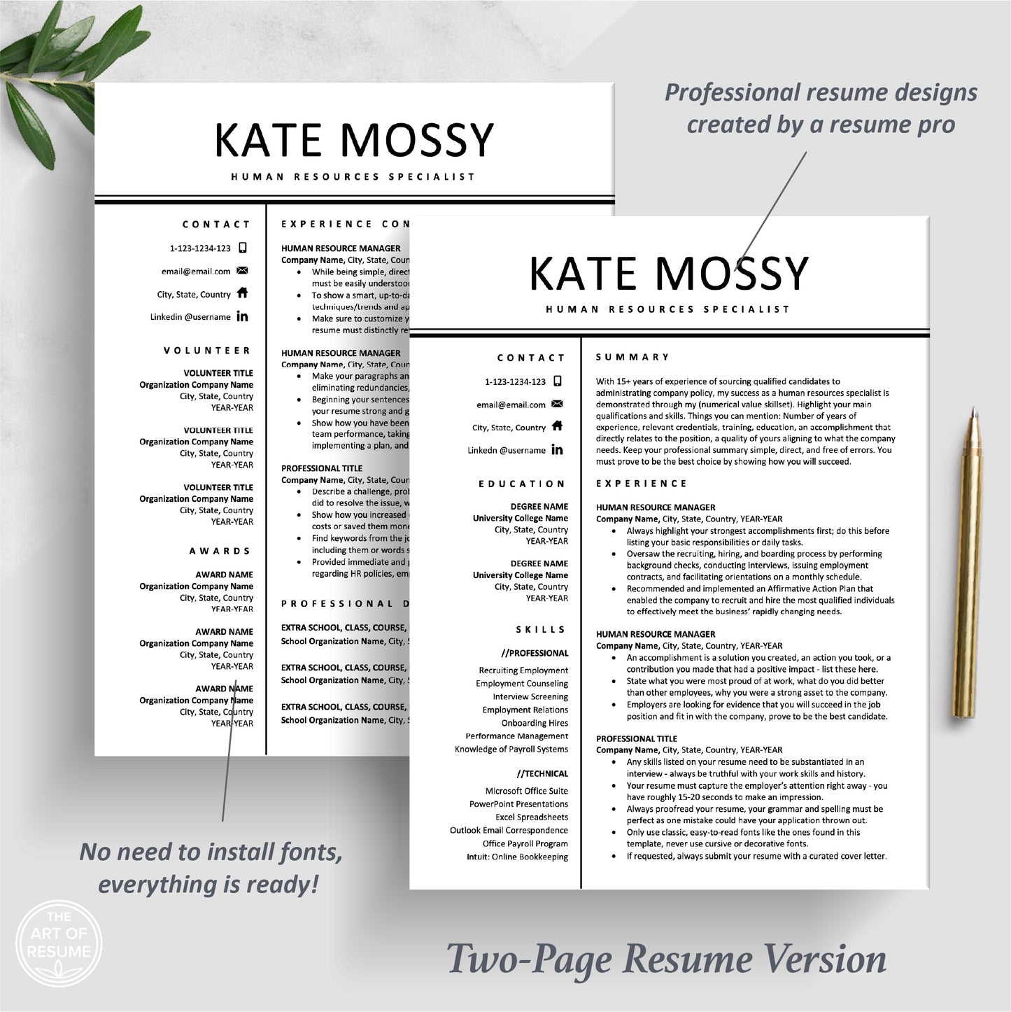 The Art of Resume Templates | Two Page Professional HR Human Resources Resume CV Template | Curriculum Vitae