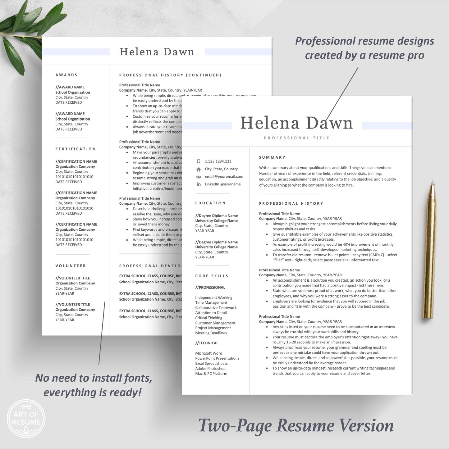 The Art of Resume | Executive Simple Resume CV Template Design Bundle | 2 Page Resume Design