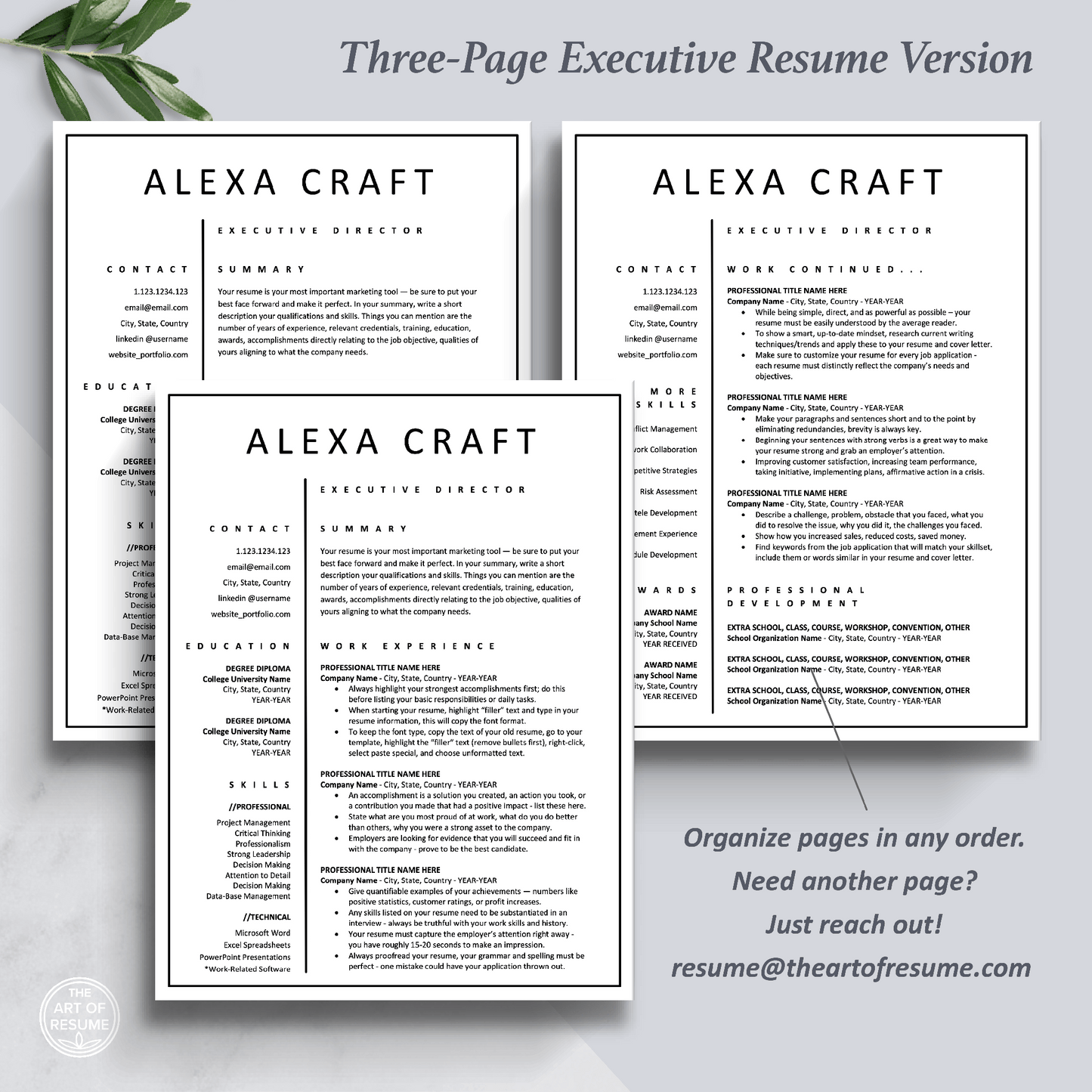3-Page Executive Resume Design Template Bundle, Instant Download Bundle for Apple Pages and Microsoft Word, Mac and PC