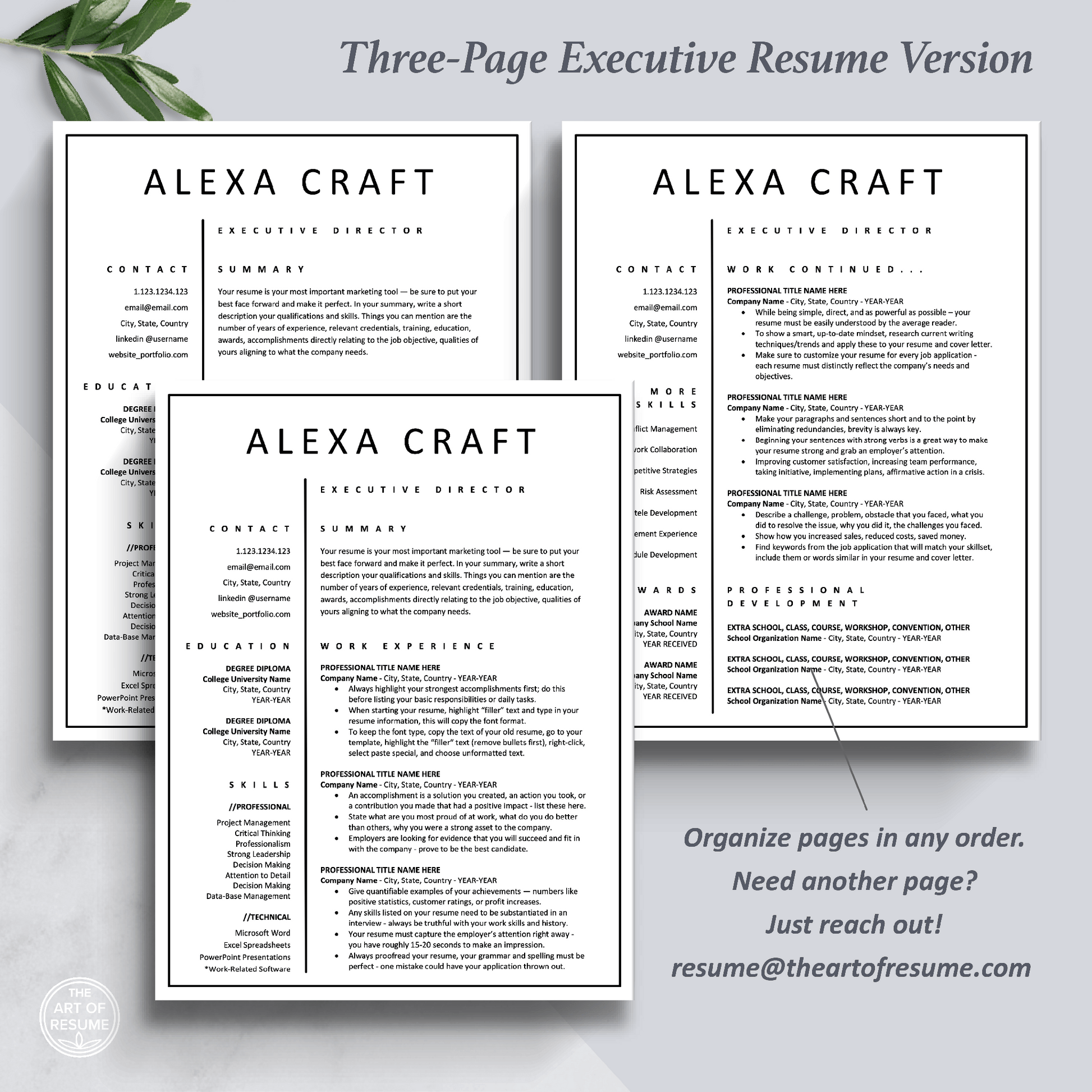 3-Page Executive Resume Design Template Bundle, Instant Download Bundle for Apple Pages and Microsoft Word, Mac and PC