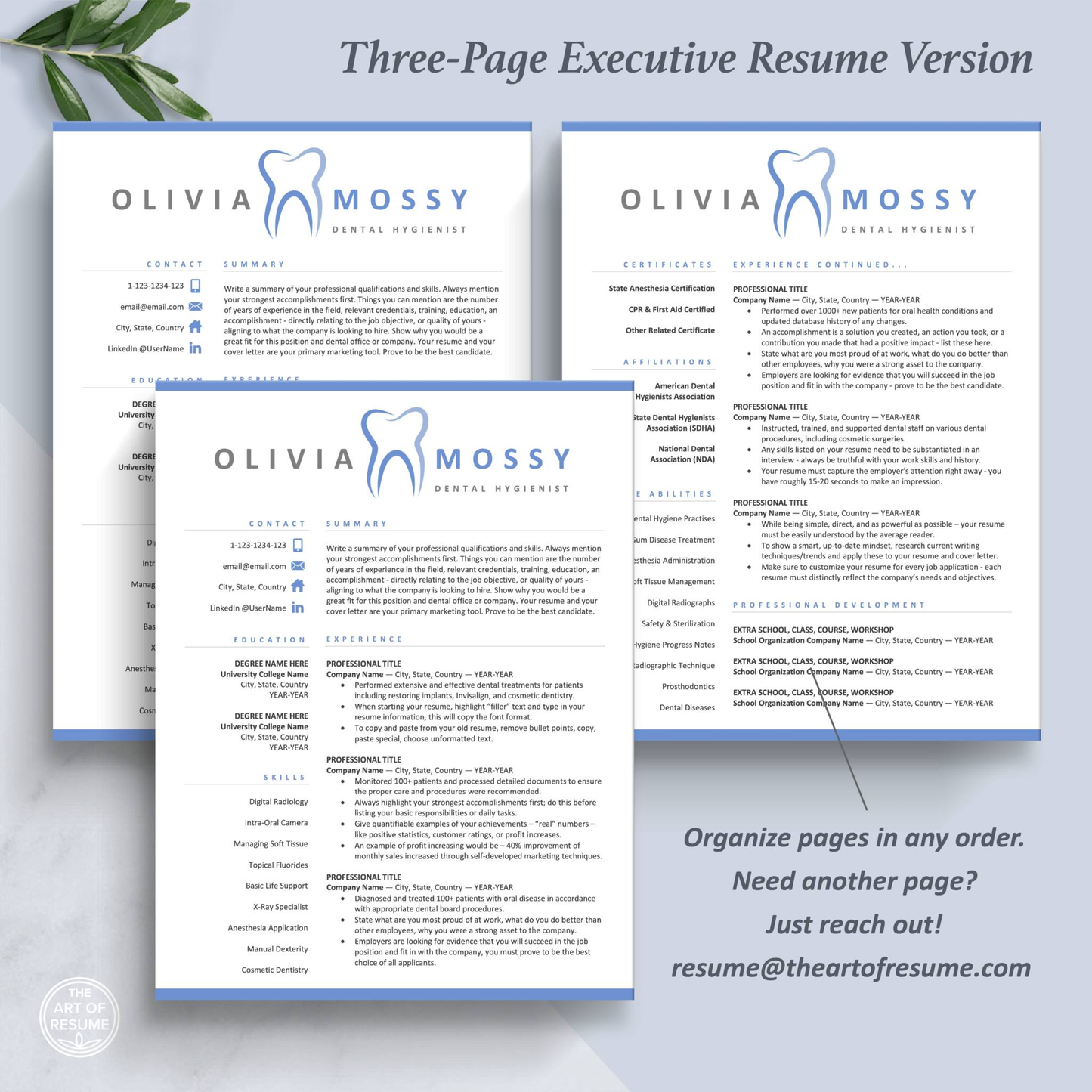 The Art of Resume Templates | Three-Page Dentist, Hygienist, Dental Student, Assistant Executive CEO C-Suite Level  Resume CV Template Format | Curriculum Vitae