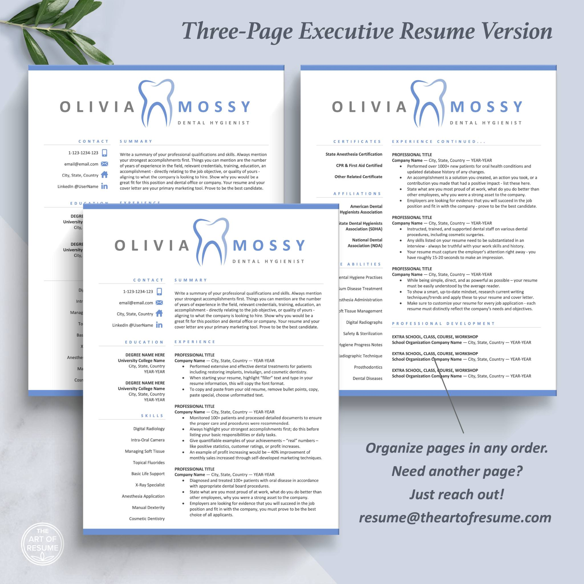 The Art of Resume Templates | Three-Page Dentist, Hygienist, Dental Student, Assistant Executive CEO C-Suite Level  Resume CV Template Format | Curriculum Vitae