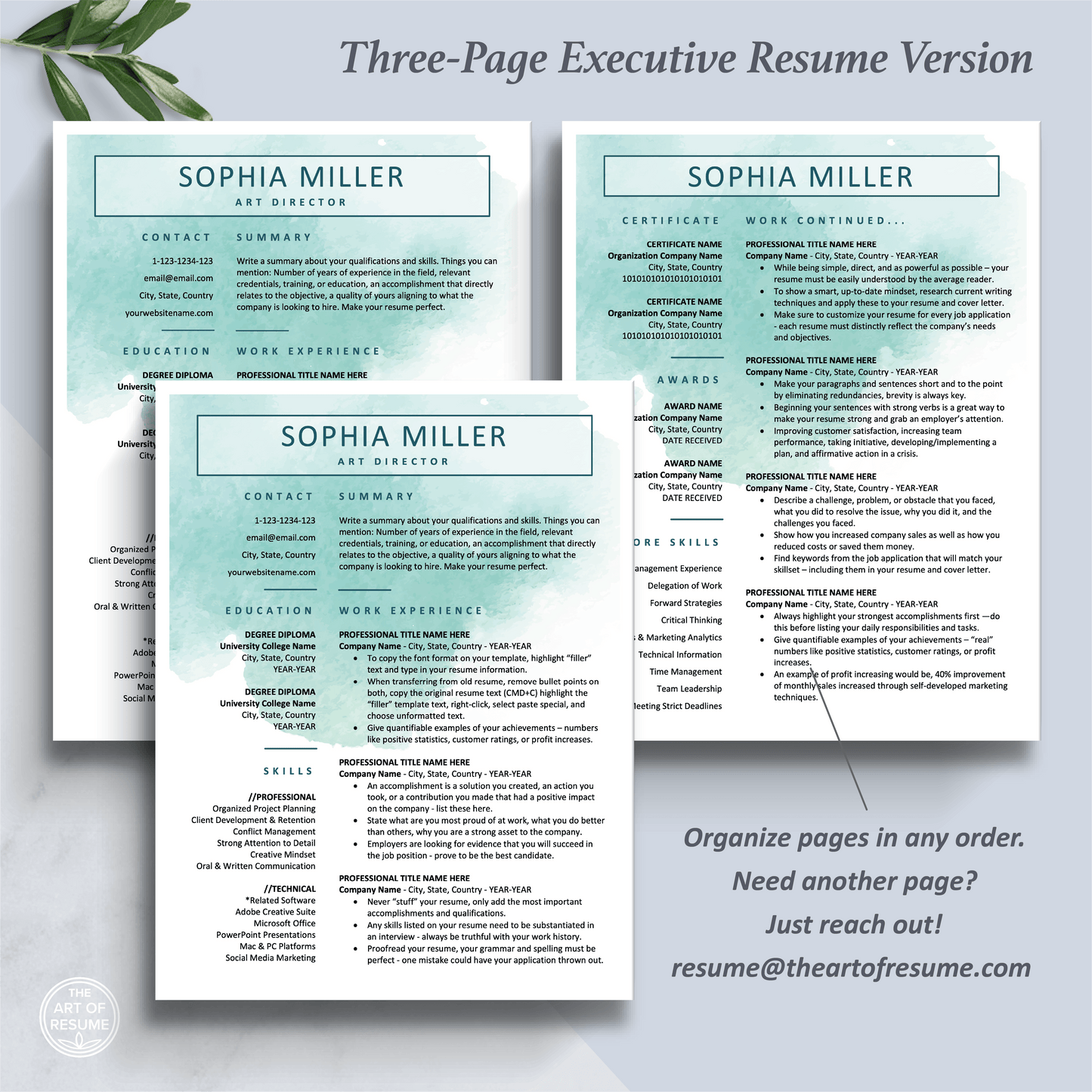 The Art of Resume Templates | Three-Page Creative Teal Blue Watercolor Executive CEO C-Suite Level  Resume CV Template Format | Curriculum Vitae