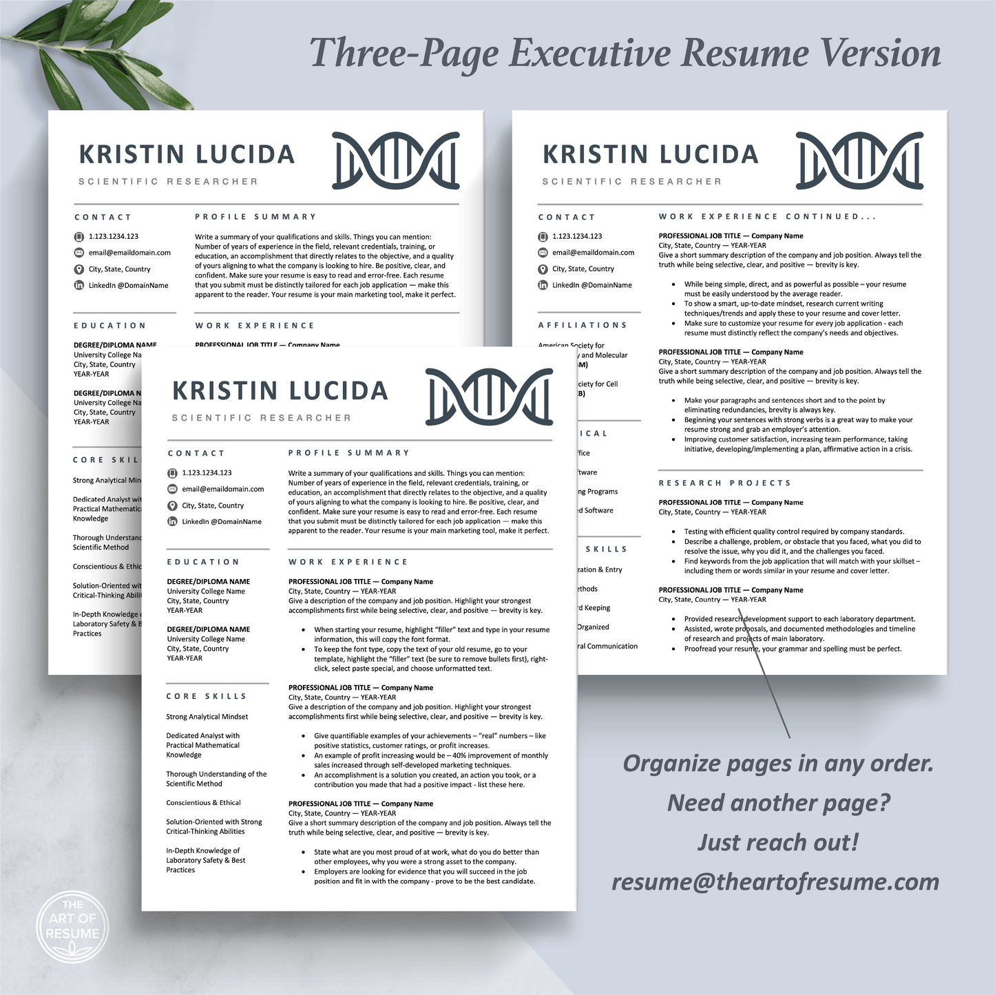 The Art of Resume Templates | Three-Page Scientist, Biochemist, Lab Researcher, Student, Teacher DNA Helix Executive CEO C-Suite Level Resume CV Template Format | Curriculum Vitae