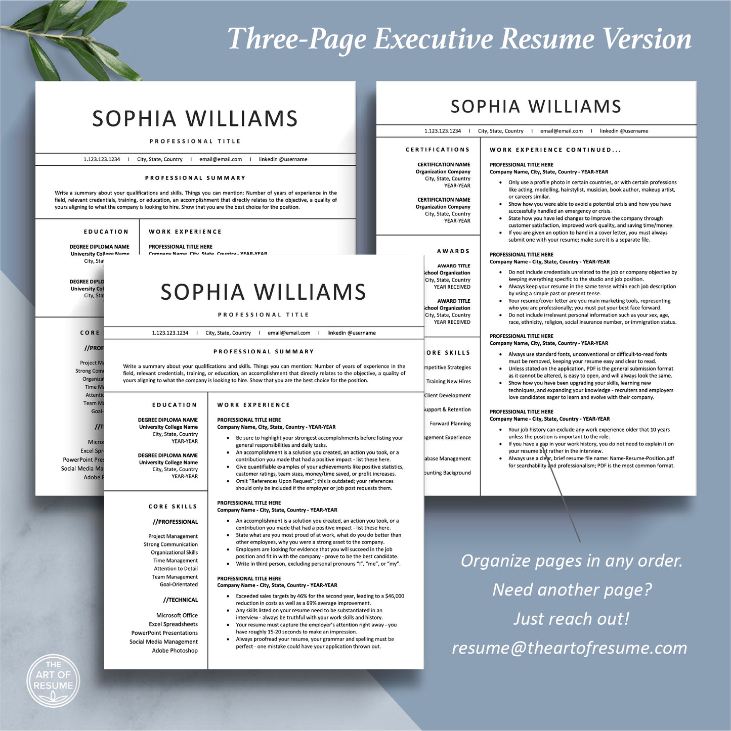 The Art of Resume Templates | Three-Page Executive Professional Modern Resume CV Template Format | Curriculum Vitae