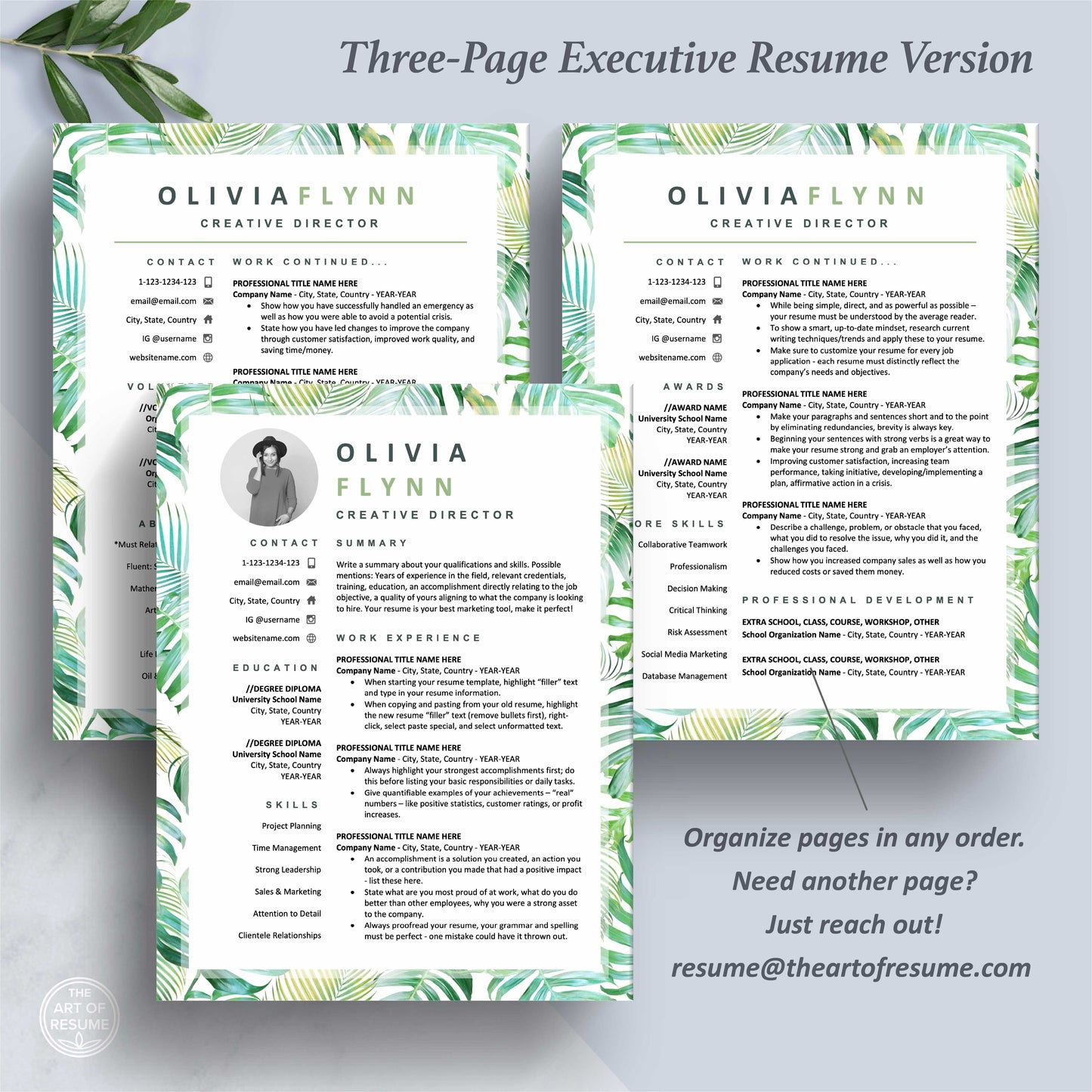 The Art of Resume Templates | Three-Page Creative Tropical Green Executive CEO C-Suite Level Resume CV Template Format | Curriculum Vitae