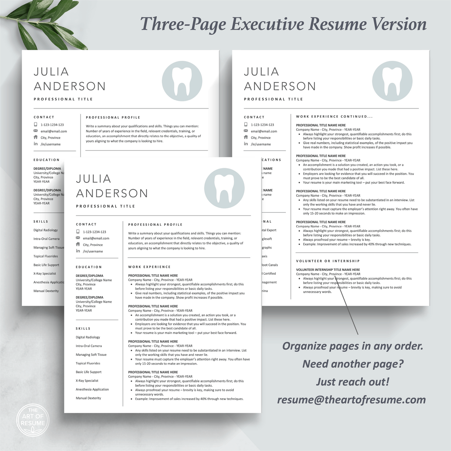 The Art of Resume Templates | Three-Page Dentist, Hygienist, Dental Student, Assistant Executive CEO C-Suite Level Resume CV Template Format | Curriculum Vitae