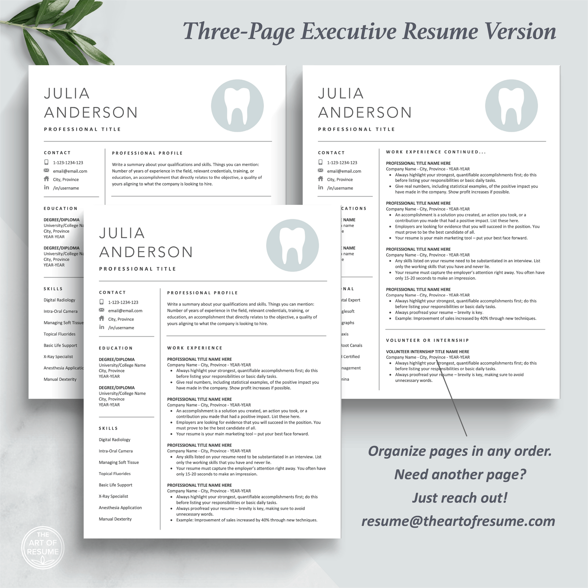 The Art of Resume Templates | Three-Page Dentist, Hygienist, Dental Student, Assistant Executive CEO C-Suite Level  Resume CV Template Format | Curriculum Vitae