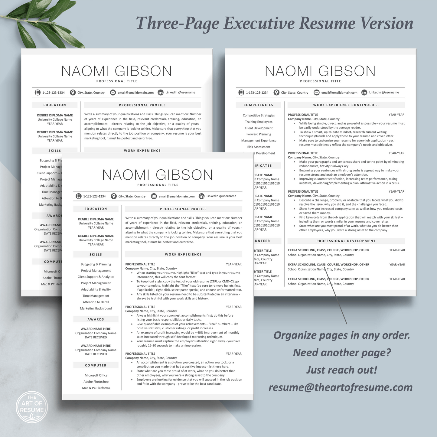 The Art of Resume Templates | Three-Page Professional Minimalist Simple Executive CEO C-Suite Level Resume CV Template Format | Curriculum Vitae