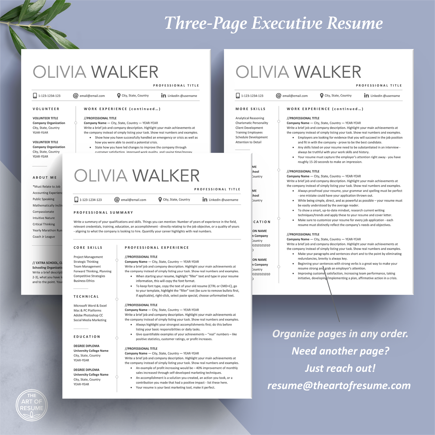 The Art of Resume Templates | Three-Page Professional Simple Executive C-Suite Level Resume CV Template Format | Curriculum Vitae