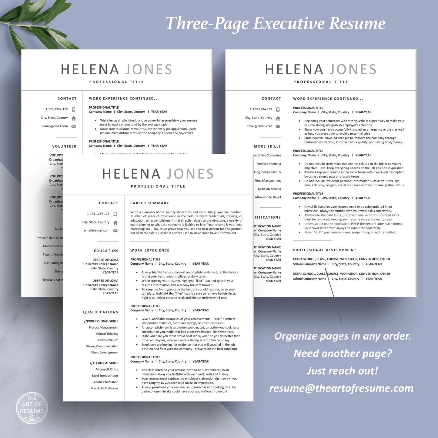 The Art of Resume Templates | Three-Page Professional Simple Executive C-Suite Level Resume CV Template Format | Curriculum Vitae