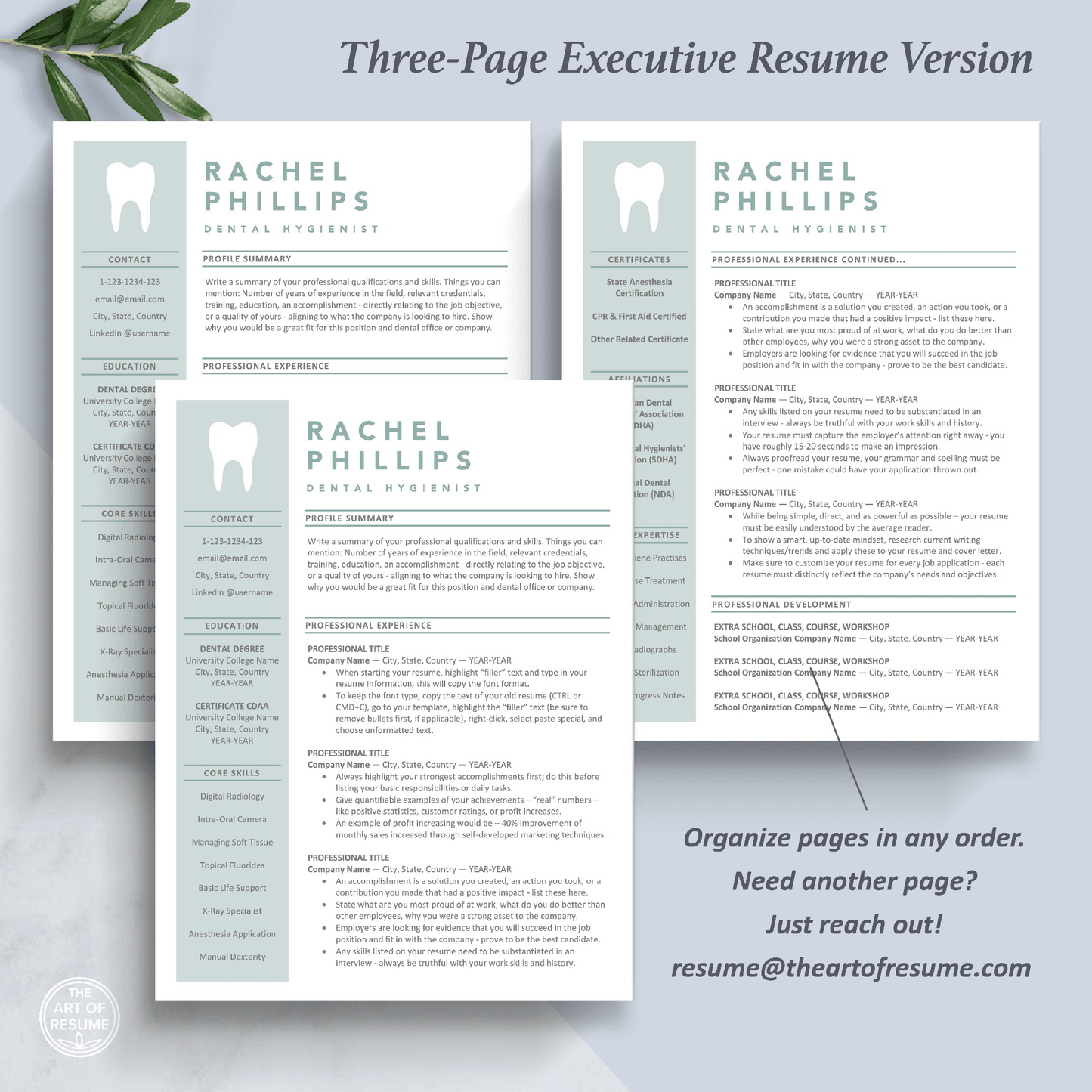 The Art of Resume Templates | Three-Page Dentist, Hygienist, Dental Student, Assistant Executive CEO C-Suite Level Resume CV Template Format | Curriculum Vitae