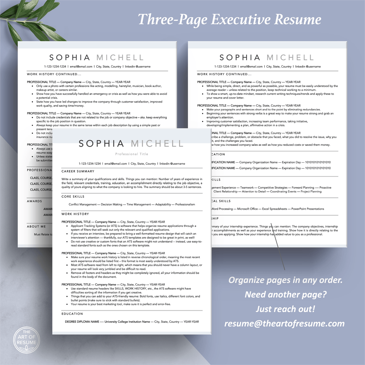 The Art of Resume Templates | Three-Page Professional Simple Executive CEO C-Suite Level Resume CV Template Format | Curriculum VitaeThe Art of Resume Templates | Professional Simple Cover Letter and Reference Page Design Templates Instant Download