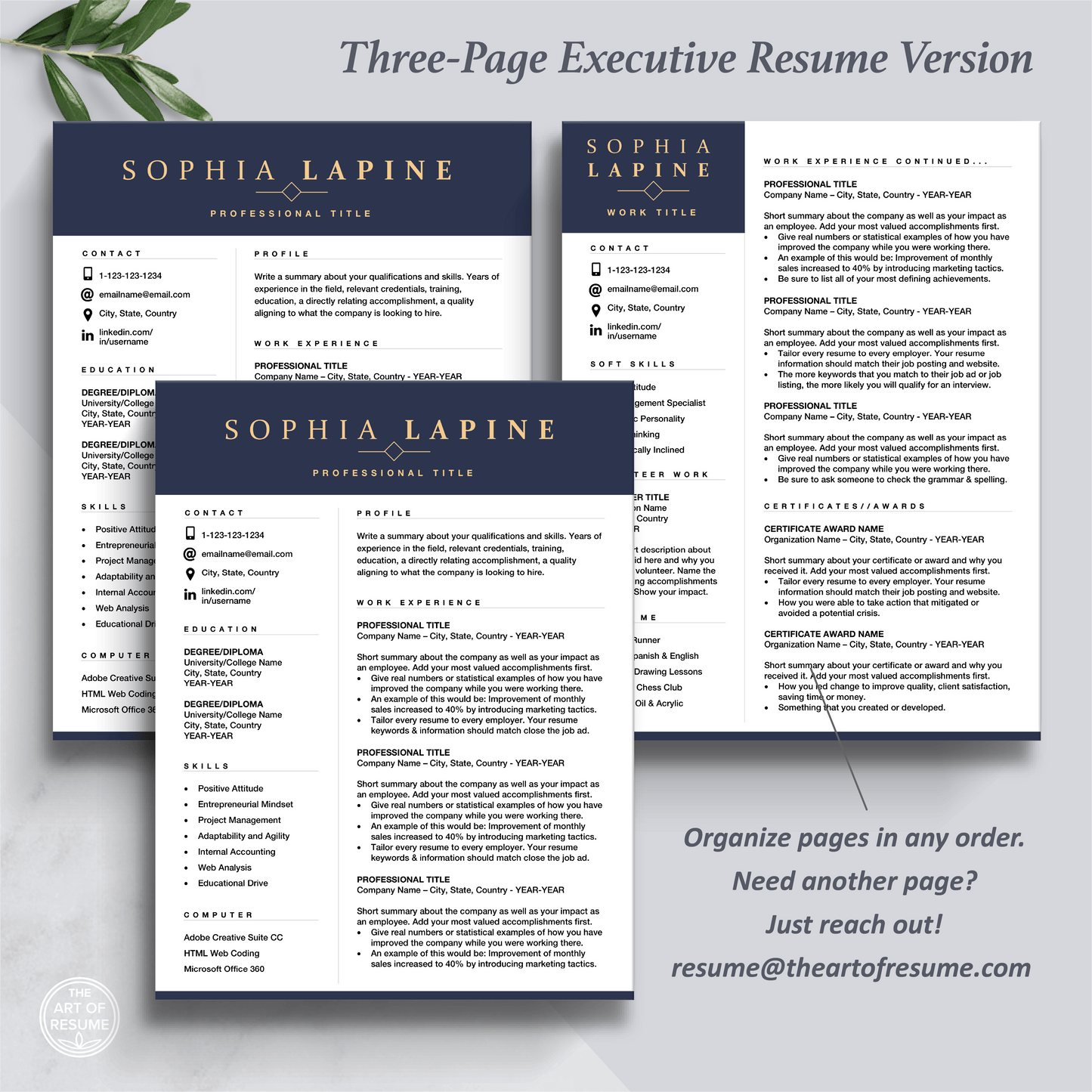 The Art of Resume Templates | Three-Page Professional Navy BlueExecutive CEO C-Suite Level Resume CV Template Format | Curriculum Vitae