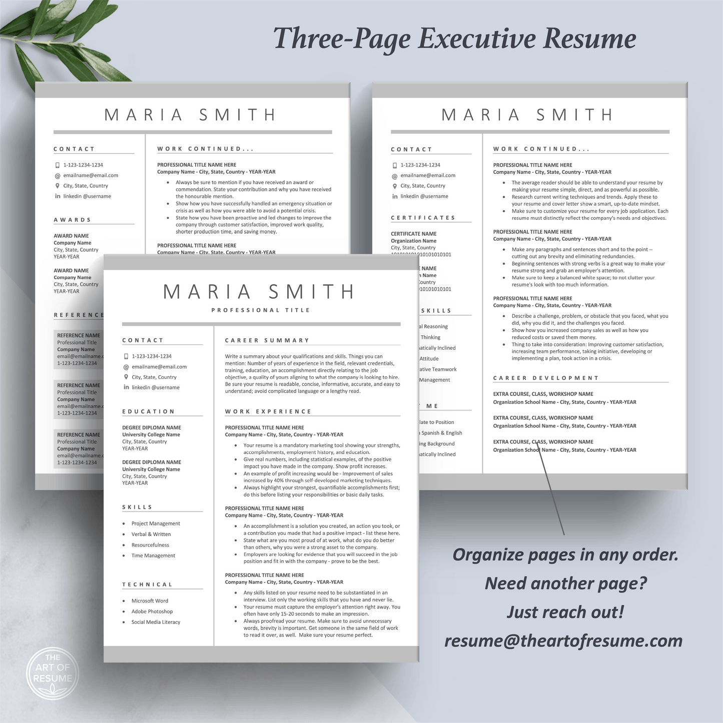 The Art of Resume Templates | Three-Page Professional Simple Executive C-Suite Level Resume CV Template Format | Curriculum Vitae
