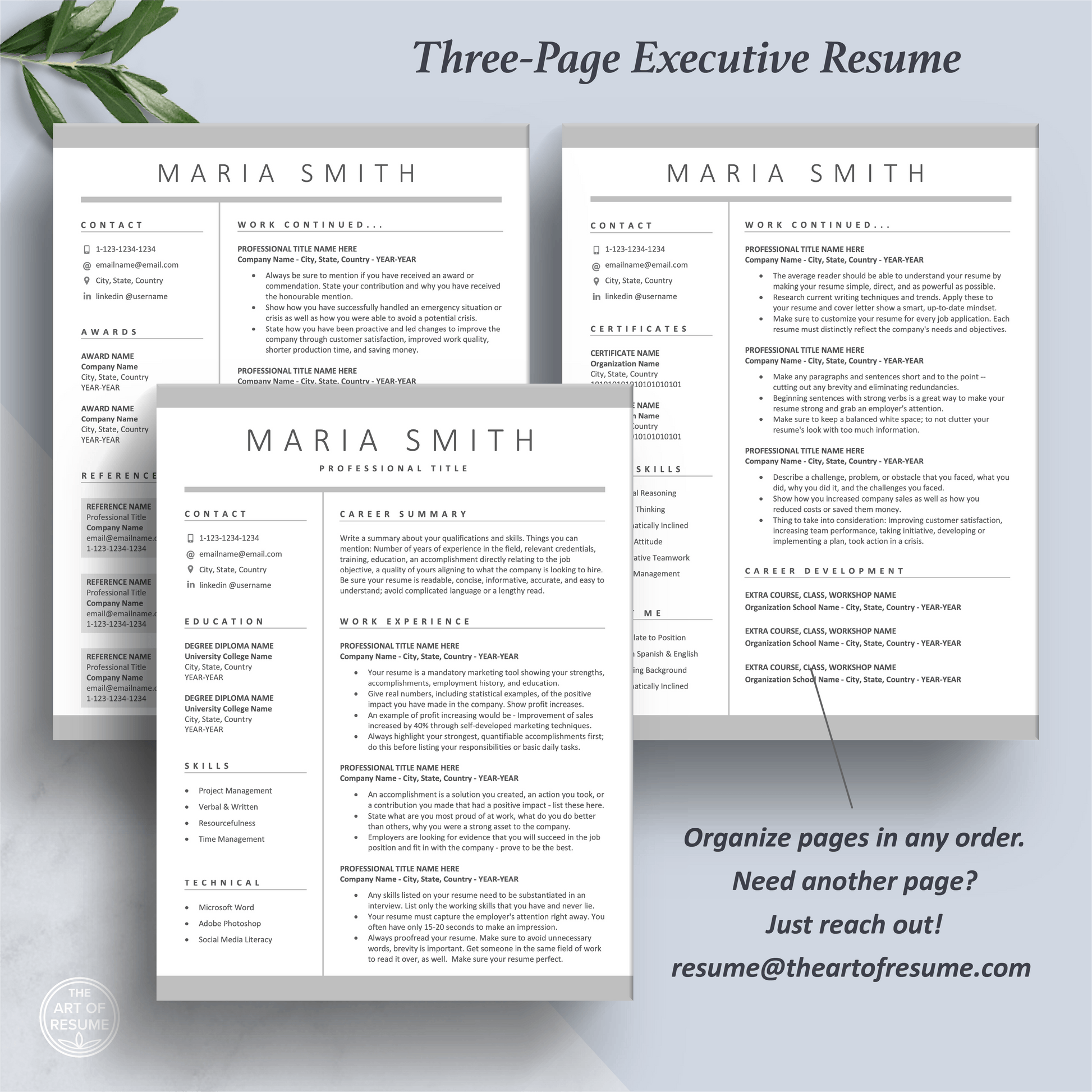 The Art of Resume Templates | Three-Page Professional Simple Executive C-Suite Level  Resume CV Template Format | Curriculum Vitae