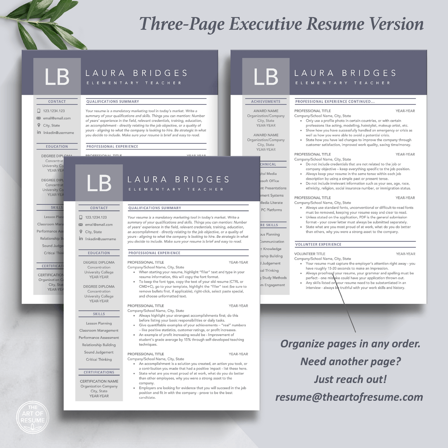 The Art of Resume Templates | Three-Page Professional Purple Executive CEO C-Suite Level Resume CV Template Format | Curriculum Vitae