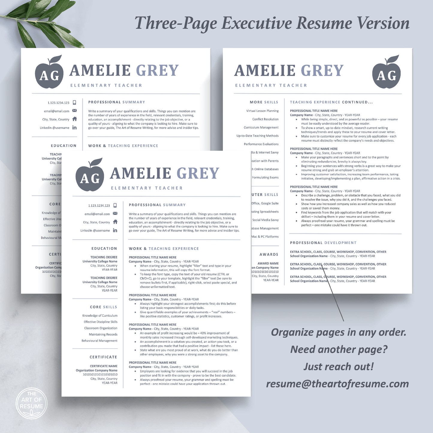 The Art of Resume Templates | Three-Page Teacher Blue Grey Executive CEO C-Suite Level Resume CV Template Format | Curriculum Vitae