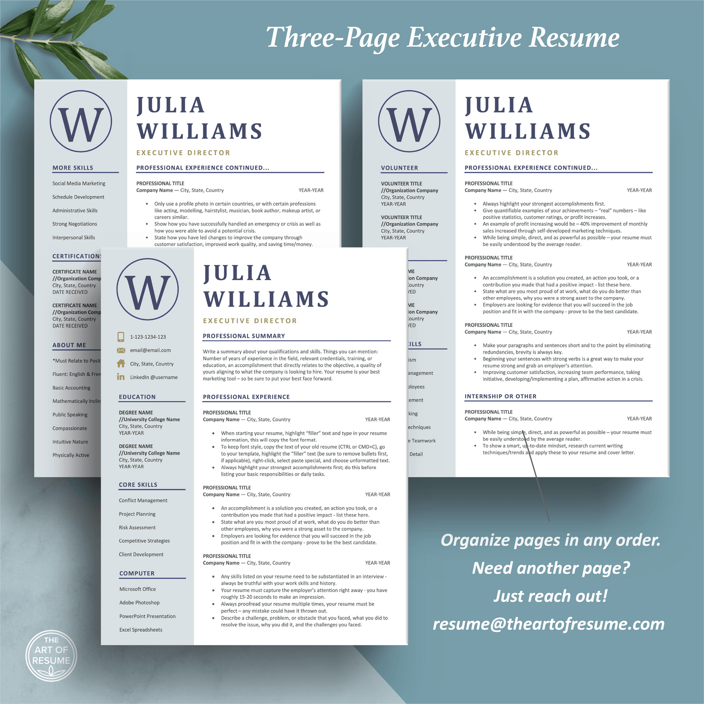The Art of Resume Templates | Three-Page Professional Blue Executive C-Suite Level Resume CV Template Format | Curriculum Vitae