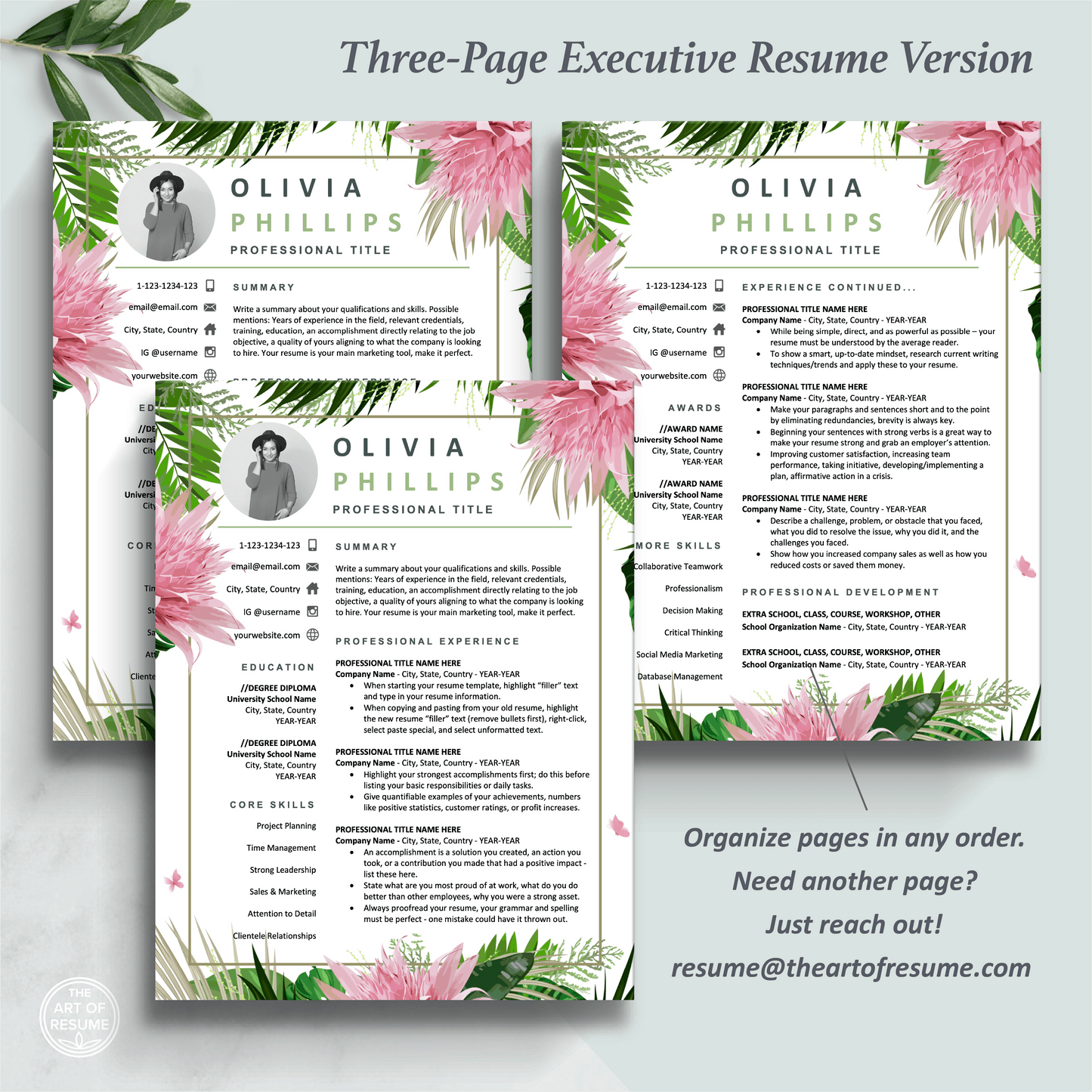The Art of Resume Templates | Three-Page Executive Creative Pink Floral Resume CV Template Format | Curriculum Vitae