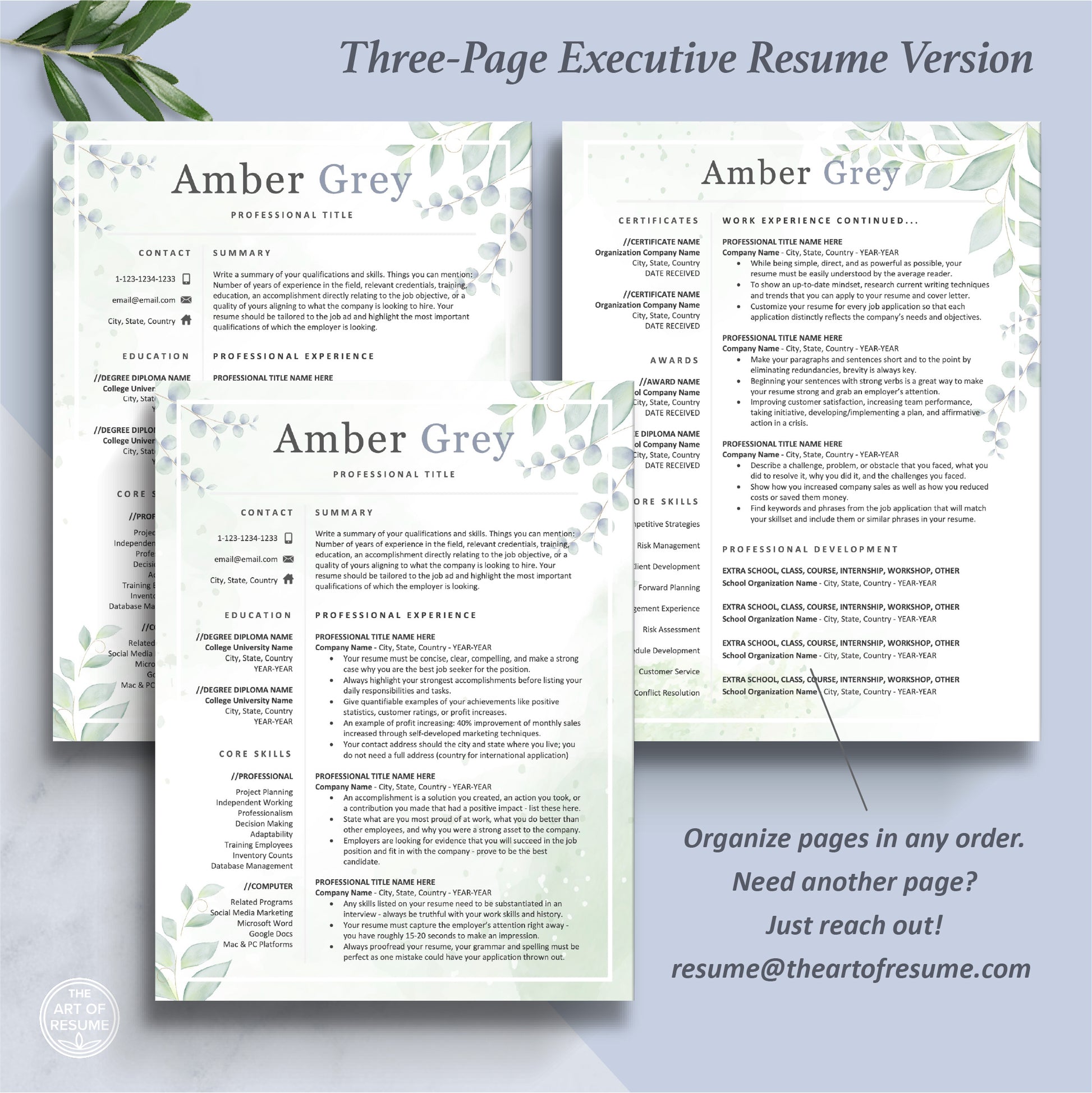 The Art of Resume | Creative Floral Resume Cv Template Design Bundle | 3 Page Resume Template Format