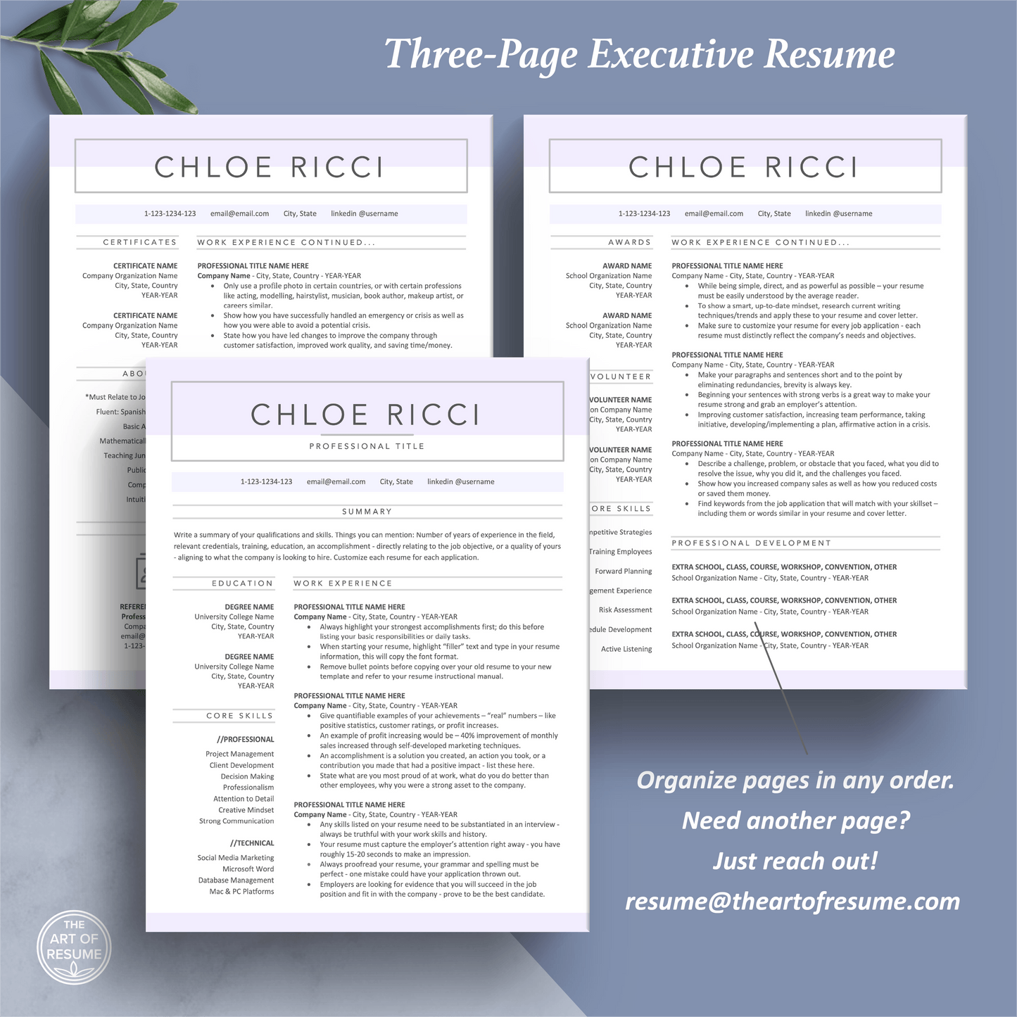 The Art of Resume Templates | Three-Page Professional Simple Pink Blue Executive CEO C-Suite Level Resume CV Template Format | Curriculum Vitae