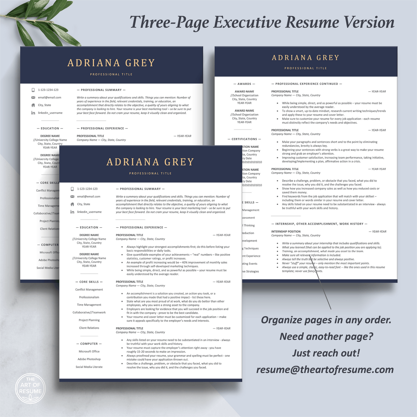 The Art of Resume Templates | Three-Page Executive CEO C-Suite Level Navy Blue Resume CV Design Template Builder Maker | Curriculum Vitae