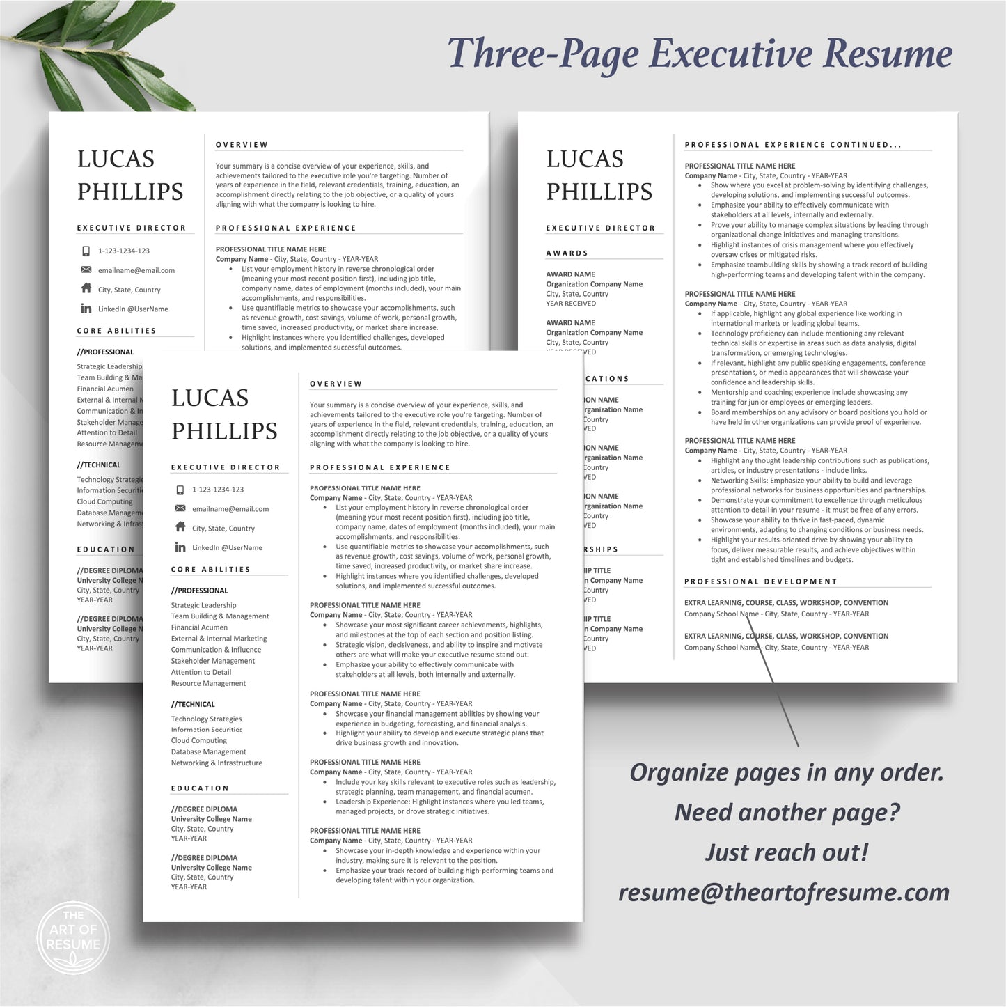 The Art of Resume | Simple Executive Resume Template Design | 3 Page Resume Format