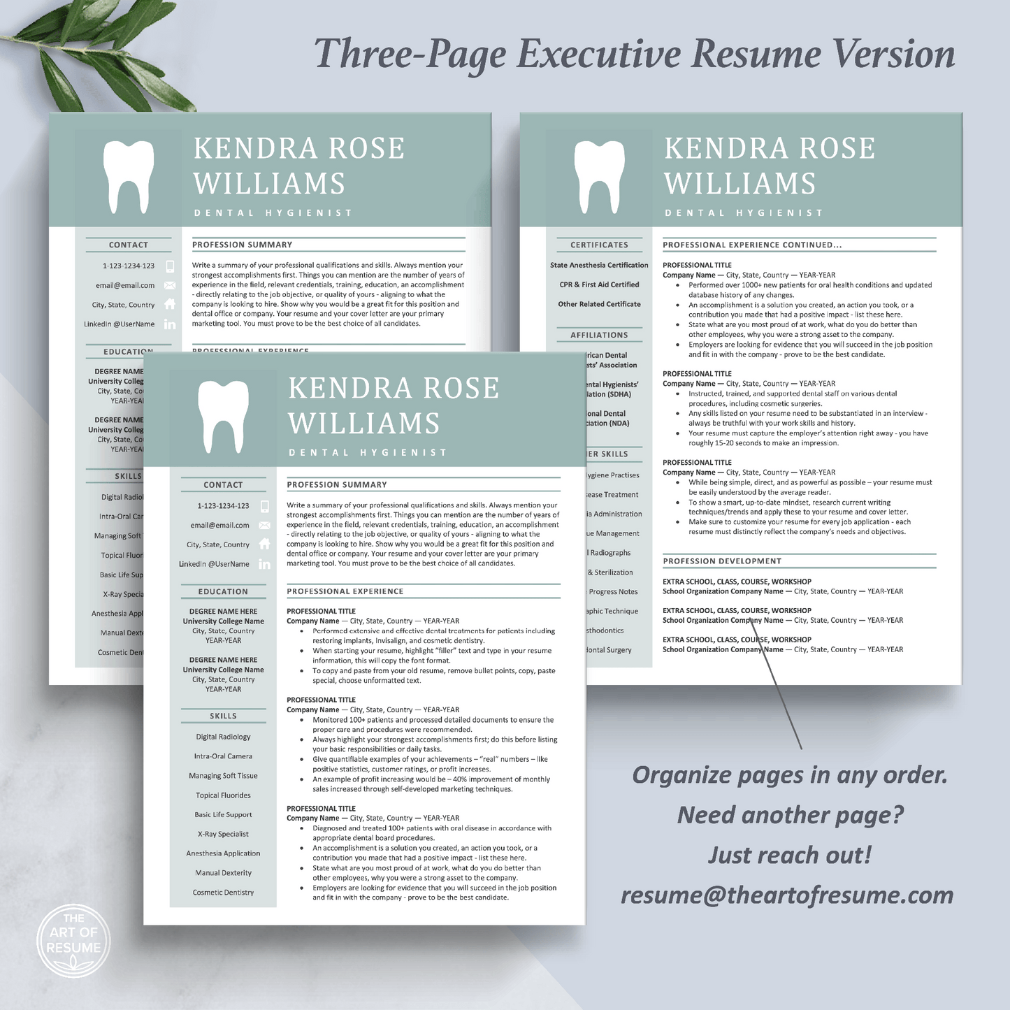 The Art of Resume Templates | Three-Page Dentist, Hygienist, Dental Student, Assistant Executive CEO C-Suite Level Resume CV Template Format | Curriculum Vitae