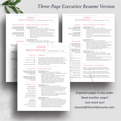 The Art of Resume | Professional Pink Resume Template Bundle | 3 Page Resume Format
