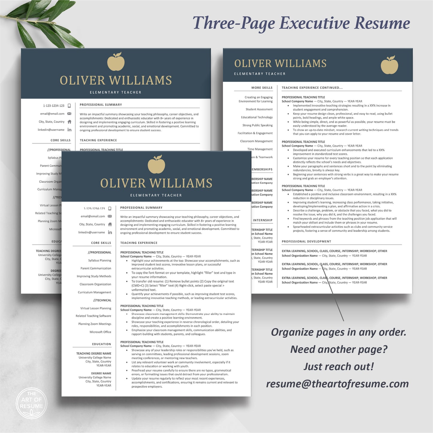 The Art of Resume | Navy Blue Teacher Teaching Resume CV Template | 3 Page Executor Teacher Resume Format