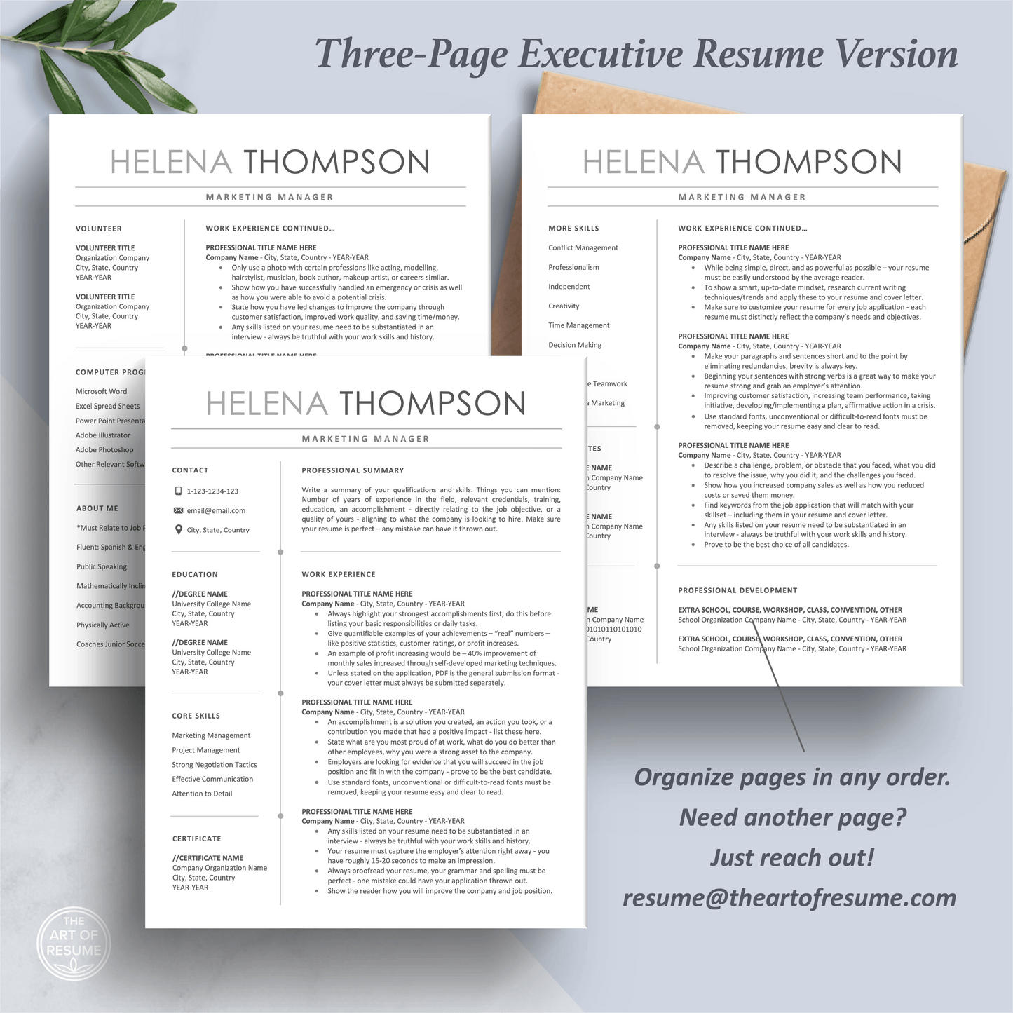The Art of Resume Templates | Three-Page Professional Simple Executive CEO C-Suite Level Resume CV Template Format | Curriculum Vitae