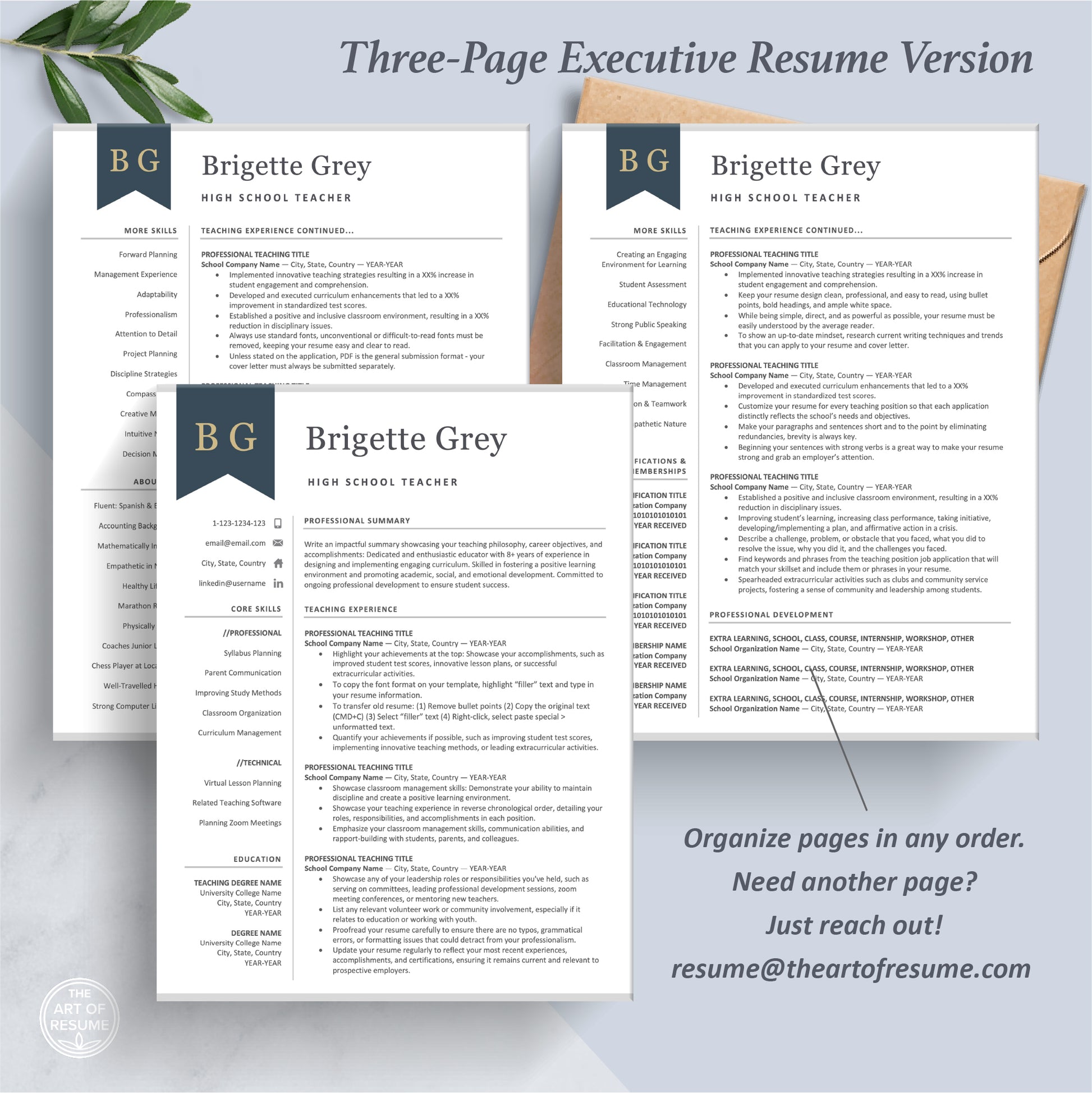 The Art of Resume Professional Navy Blue Teacher Resume Template Bundle | 3 Page Executive Teaching Resume Format