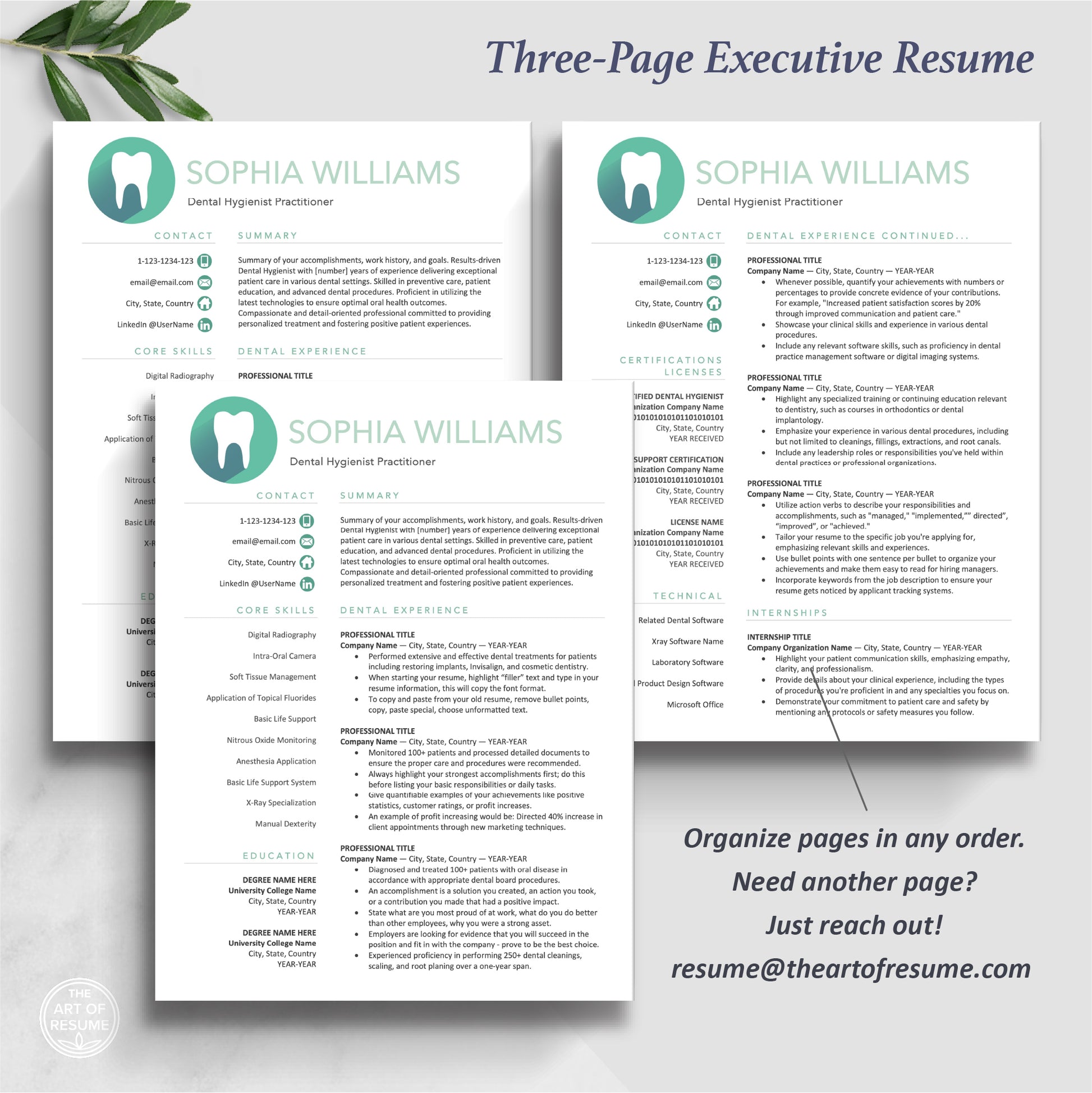 The Art of Resume | Dental Hygienist Dentist Resume CV Template Design Bundle Teal | 3 Page Executive Resume Format