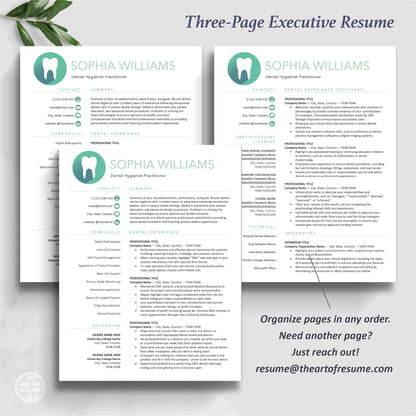 The Art of Resume | Dental Hygienist Dentist Resume CV Template Design Bundle Teal | 3 Page Executive Resume Format 