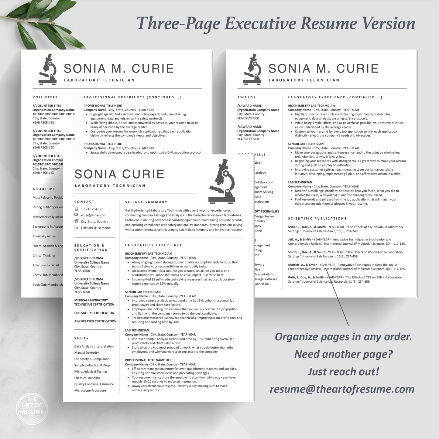The Art of Resume Templates | Science Resume Template, Scientist Resume, Lab Technician Resume with Microscope Design | 3 Page Resume Format