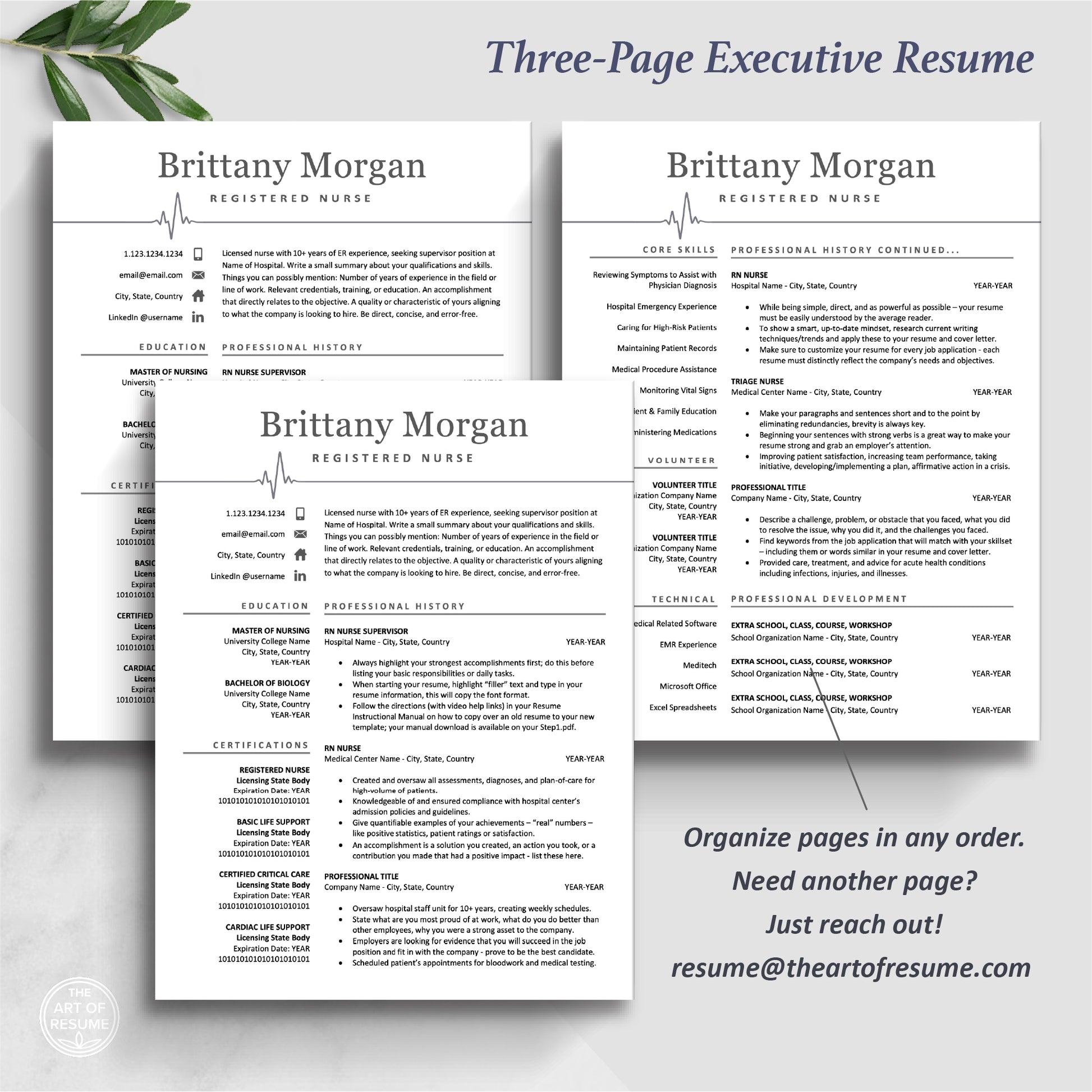 3 Page Executive Resume, The Art of Resume, Modern Medical Nurse  Doctor Resume CV Template for RN Nurse, Resident Student, Medical Assistant, Physician with Cover Letter, Reference Page, Social Media Icons