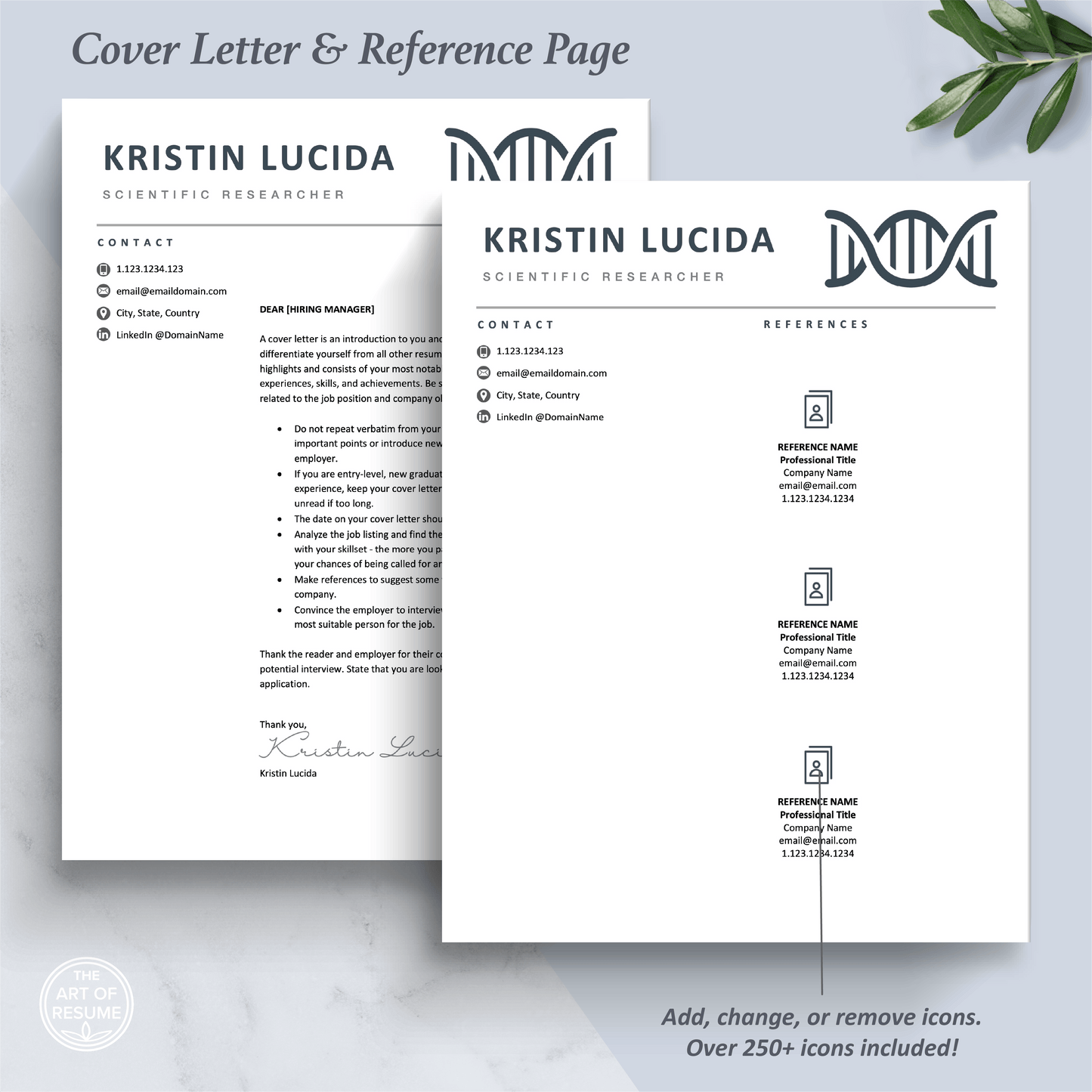 The Art of Resume Templates | Scientist, Biochemist, Lab Researcher, Student, Teacher DNA Helix Cover Letter and Reference Page Design Templates Instant Download