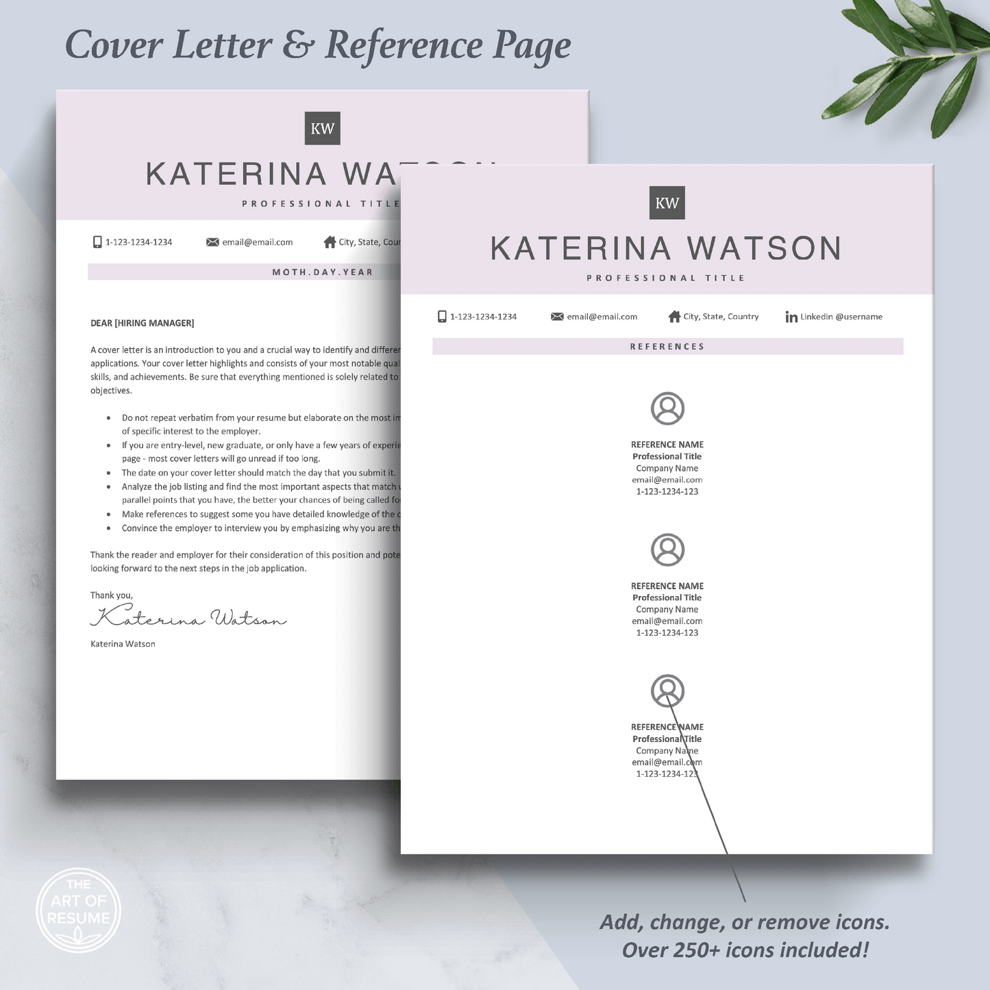 The Art of Resume Templates | Professional Rose Pink Letter and Reference Page Design Templates Instant Download