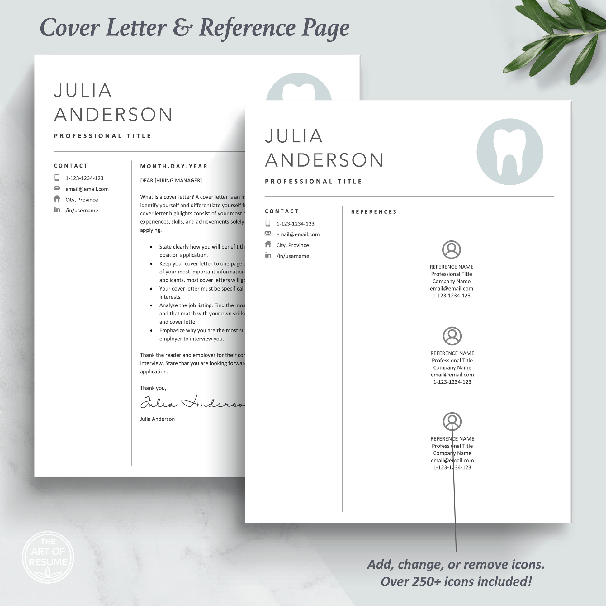The Art of Resume Templates | Dentist, Hygienist, Dental Student, Assistant Cover Letter and Reference Page Design Templates Instant Download