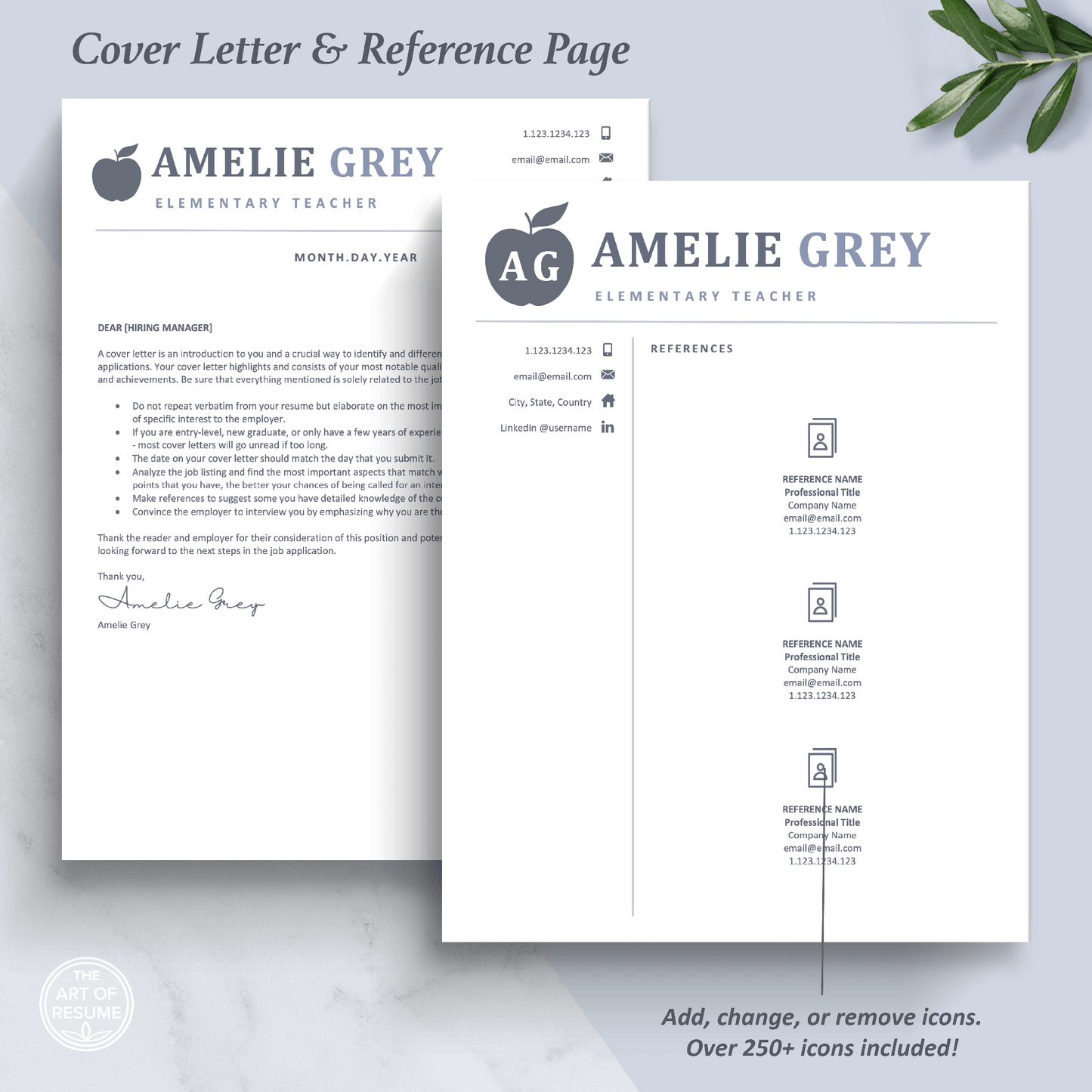 The Art of Resume Templates | Creative Teacher Blue Grey Cover Letter and Reference Page Design Templates Instant Download