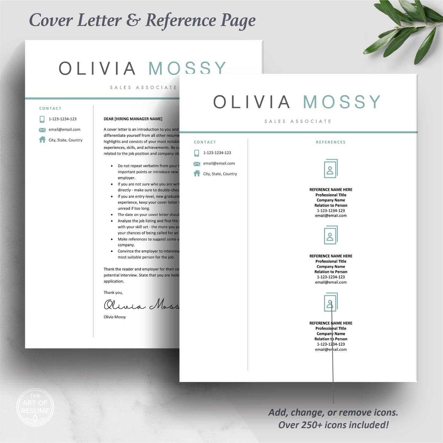 The Art of Resume | Teal Blue Resume Template Design Bundle Download | Cover Letter and Reference Page