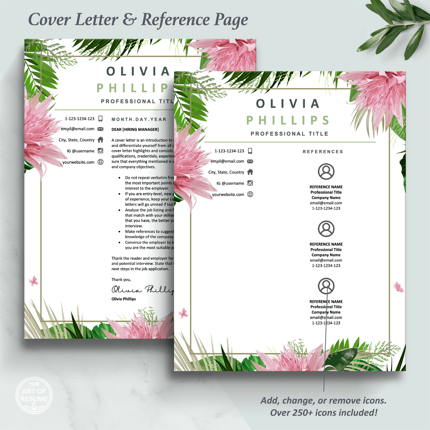 The Art of Resume Templates | Creative Floral Resume CV Design Cover Letter and Reference Page Design Templates Instant Download