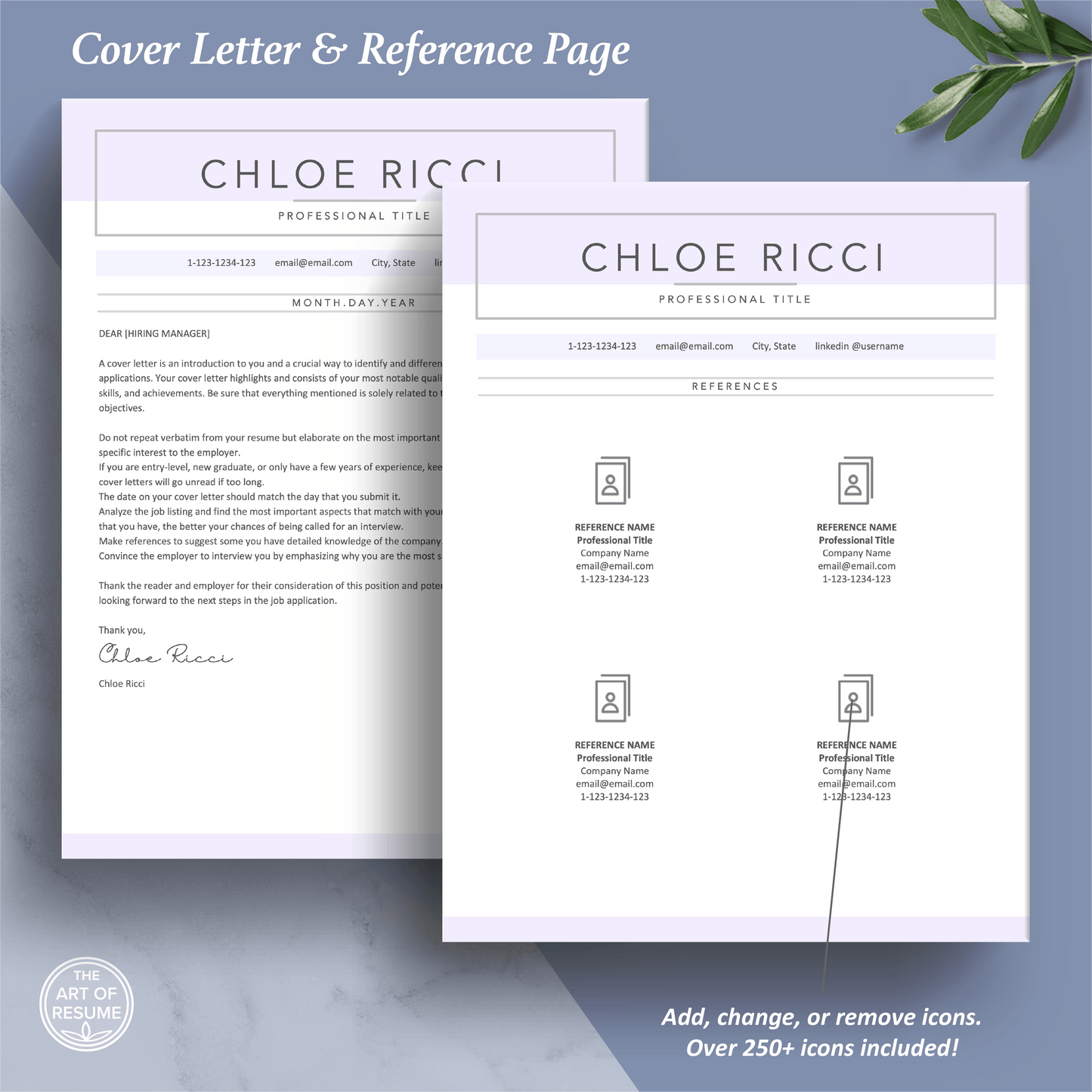 The Art of Resume Templates | Professional Simple Pink Blue Cover Letter and Reference Page Design Templates Instant Download