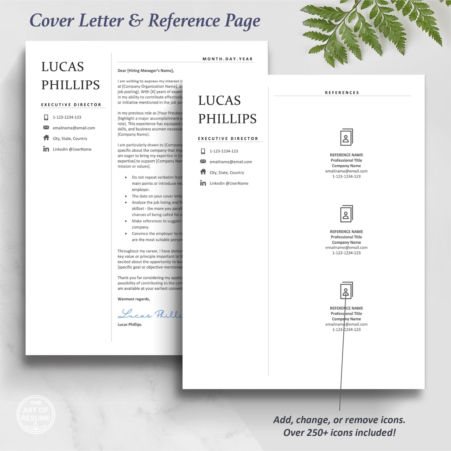 The Art of Resume | Simple Executive Resume Template Design | Cover Letter and Reference Page